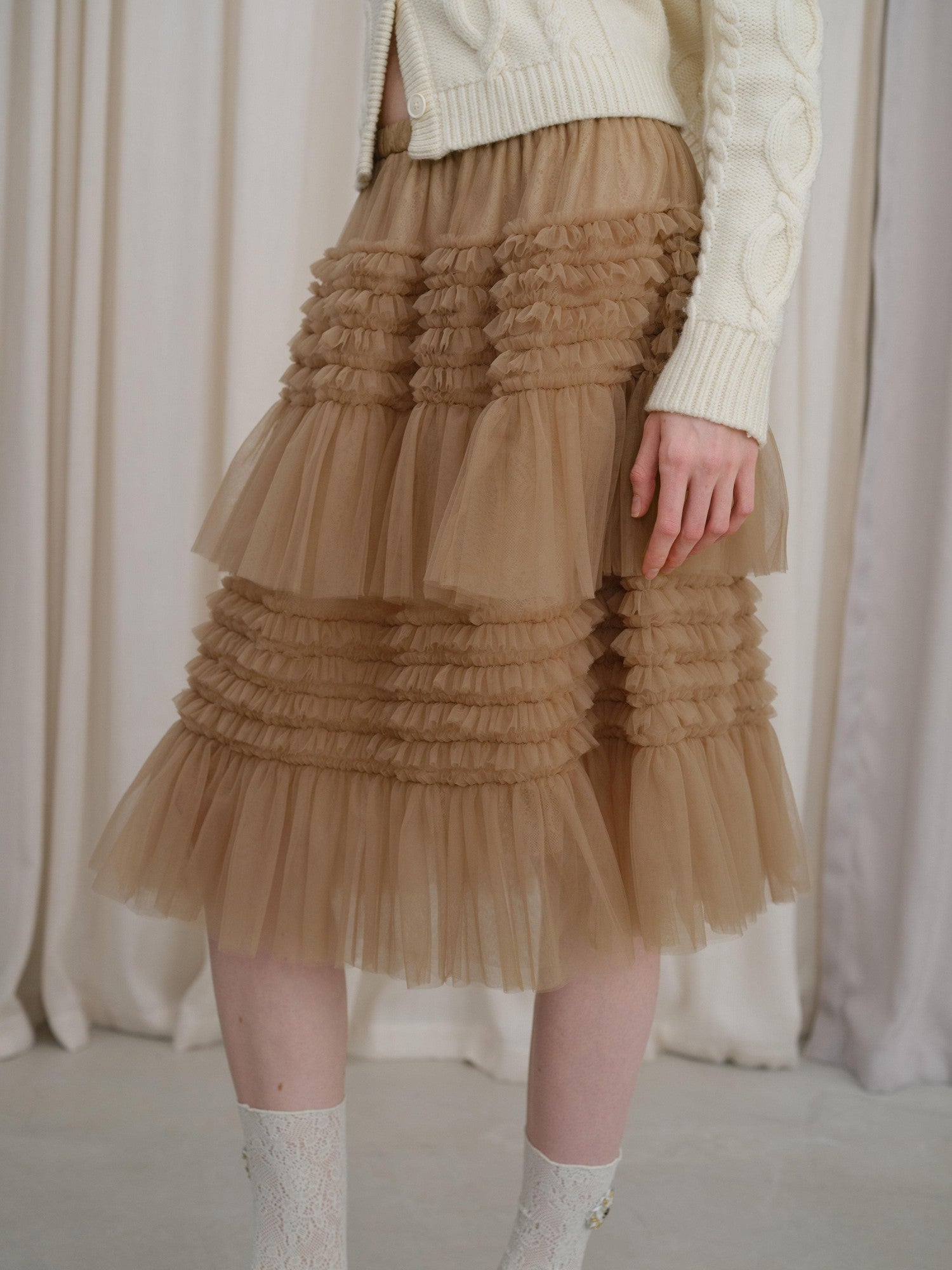 DKZ OFFICIAL Camel Tulle Puff Ruffle Lace Splice Women&