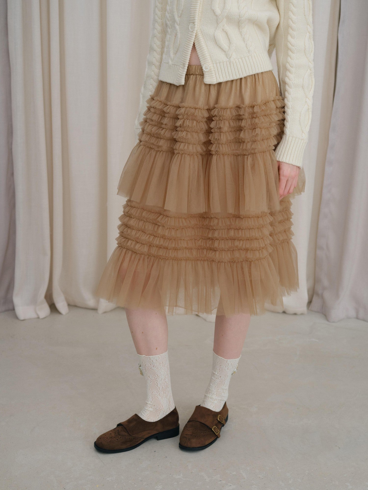 DKZ OFFICIAL Camel Tulle Puff Ruffle Lace Splice Women&