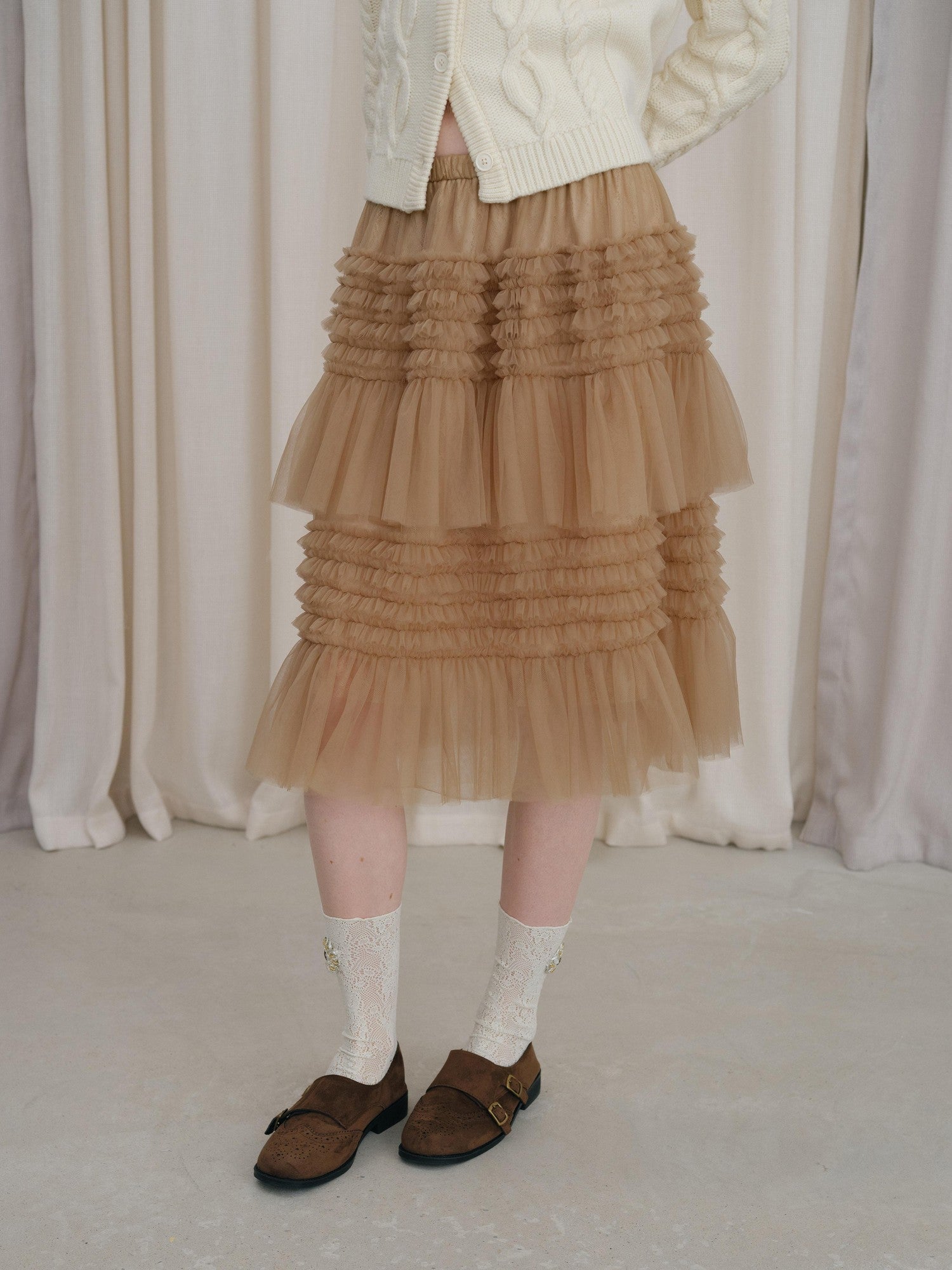 DKZ OFFICIAL Camel Tulle Puff Ruffle Lace Splice Women&