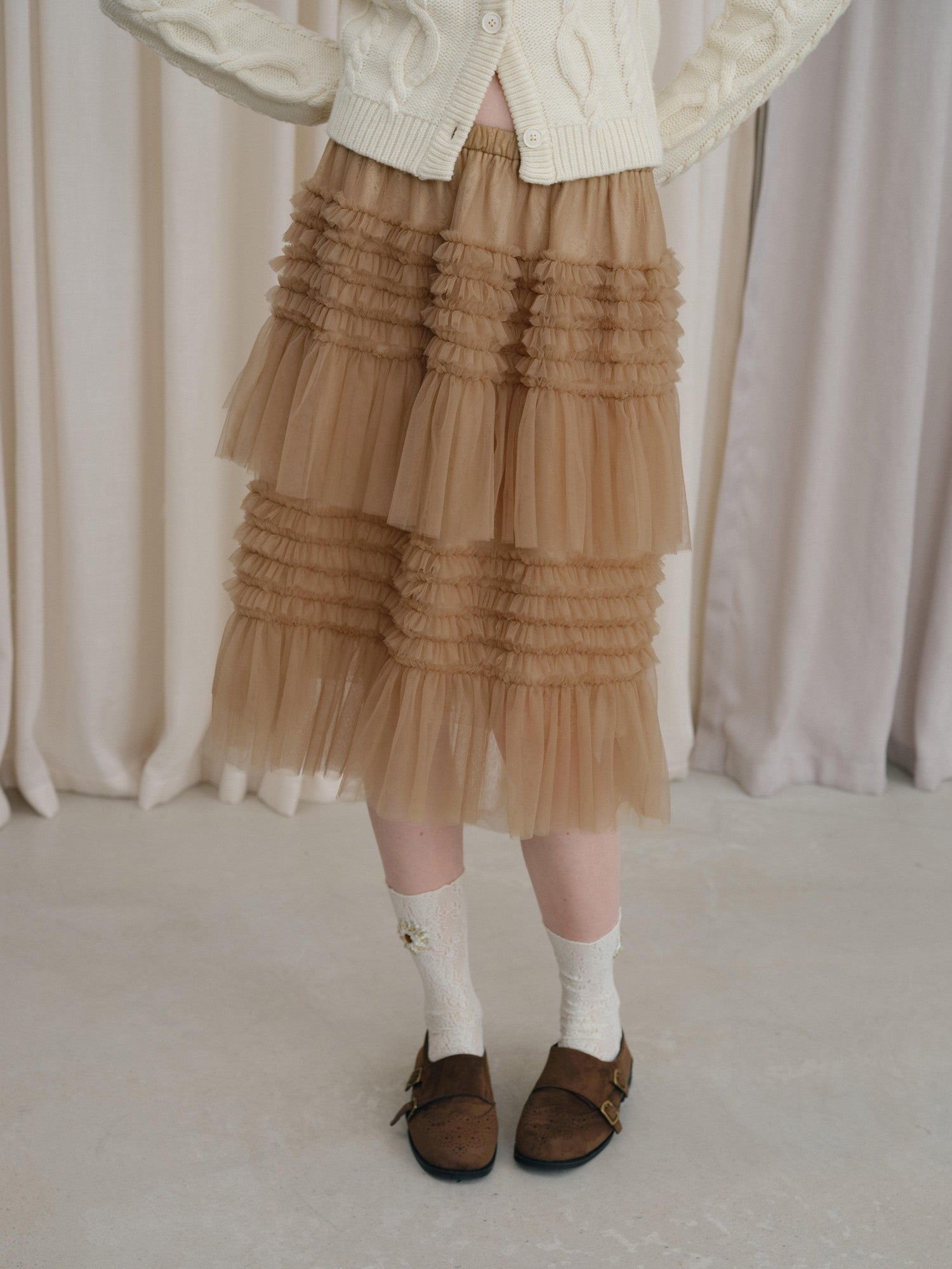 DKZ OFFICIAL Camel Tulle Puff Ruffle Lace Splice Women&