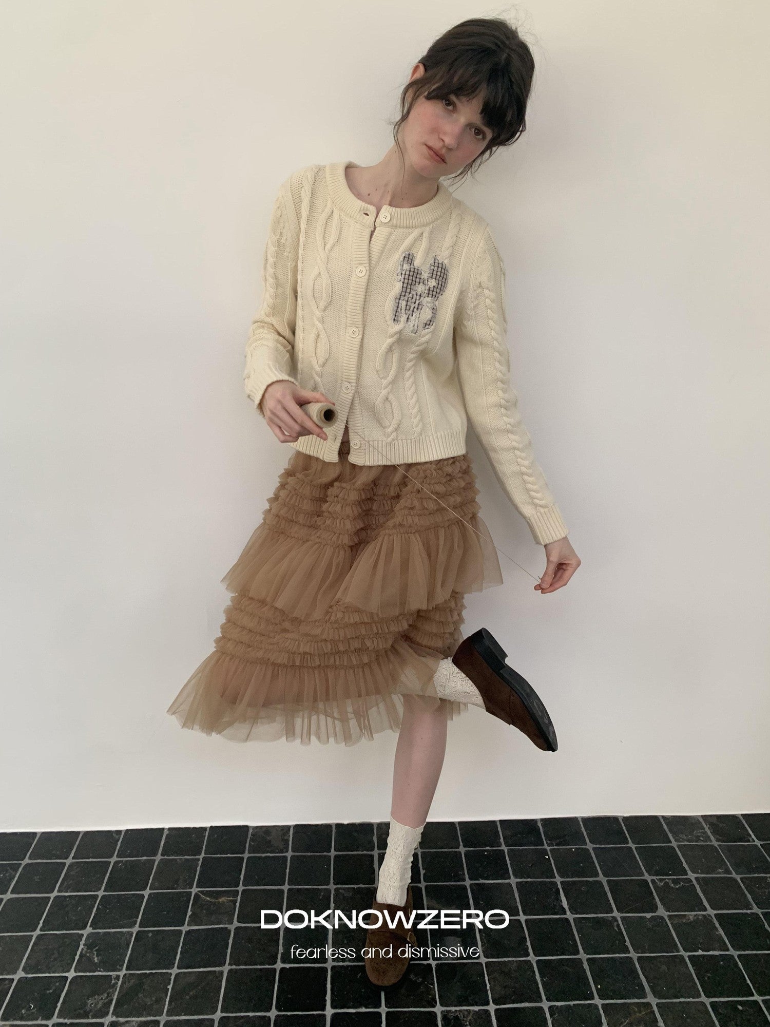 DKZ OFFICIAL Camel Tulle Puff Ruffle Lace Splice Women&
