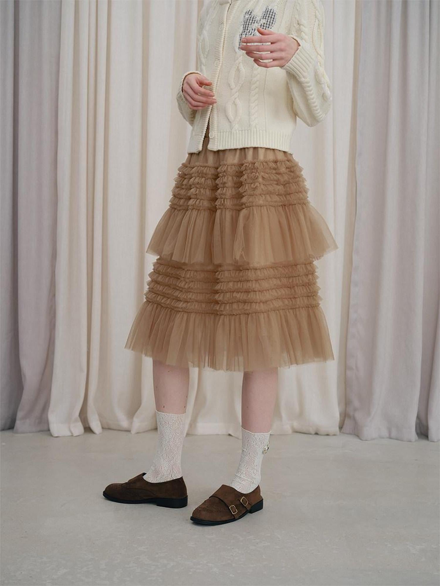 DKZ OFFICIAL Camel Tulle Puff Ruffle Lace Splice Women&