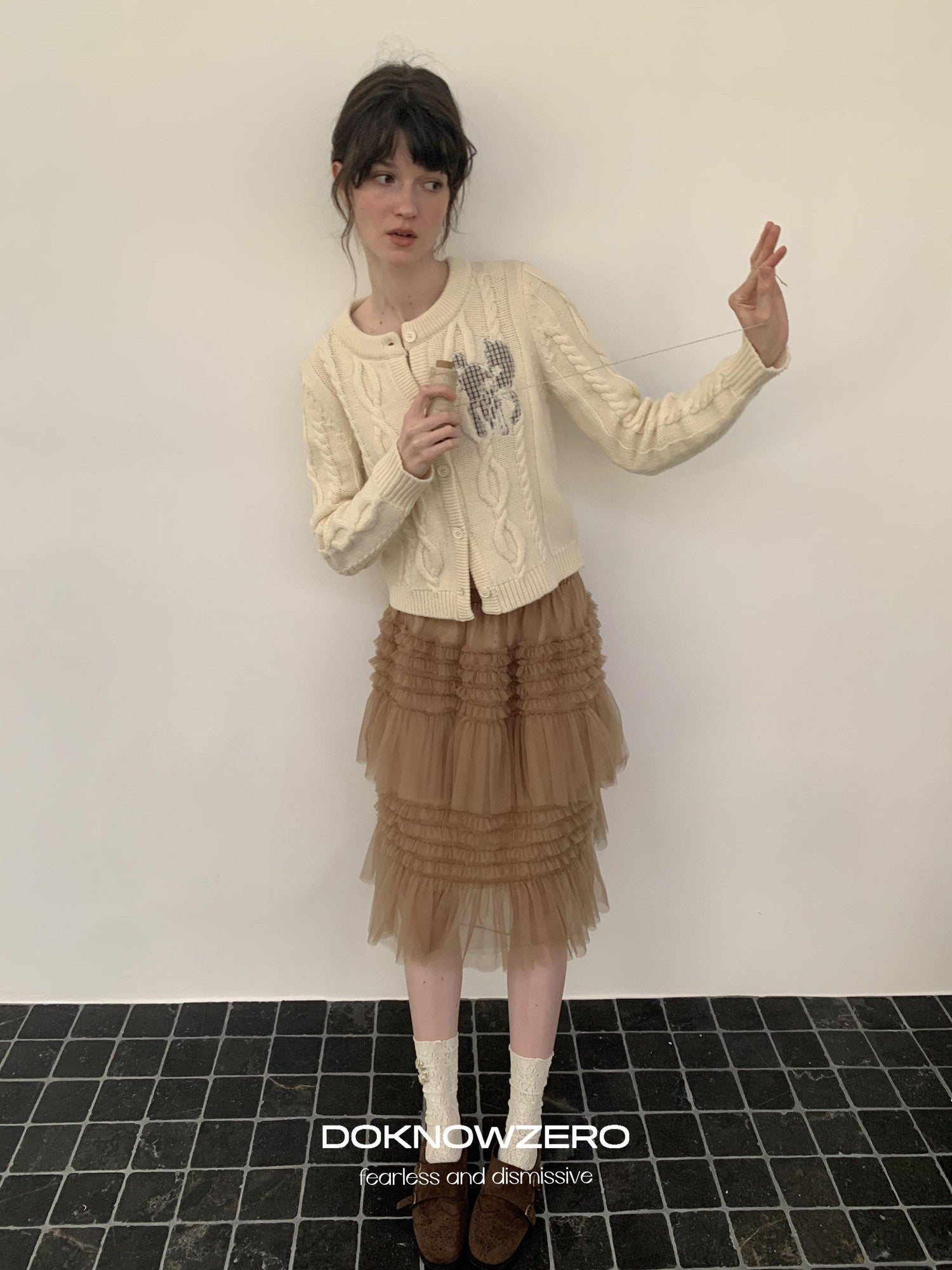DKZ OFFICIAL Camel Tulle Puff Ruffle Lace Splice Women&