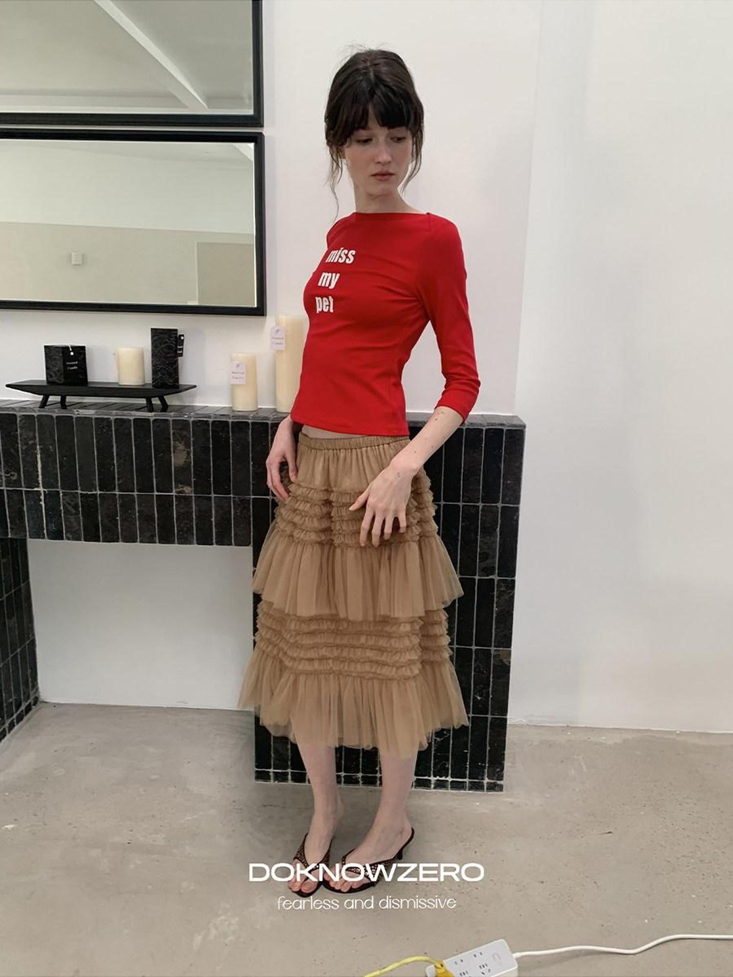 DKZ OFFICIAL Camel Tulle Puff Ruffle Lace Splice Women&