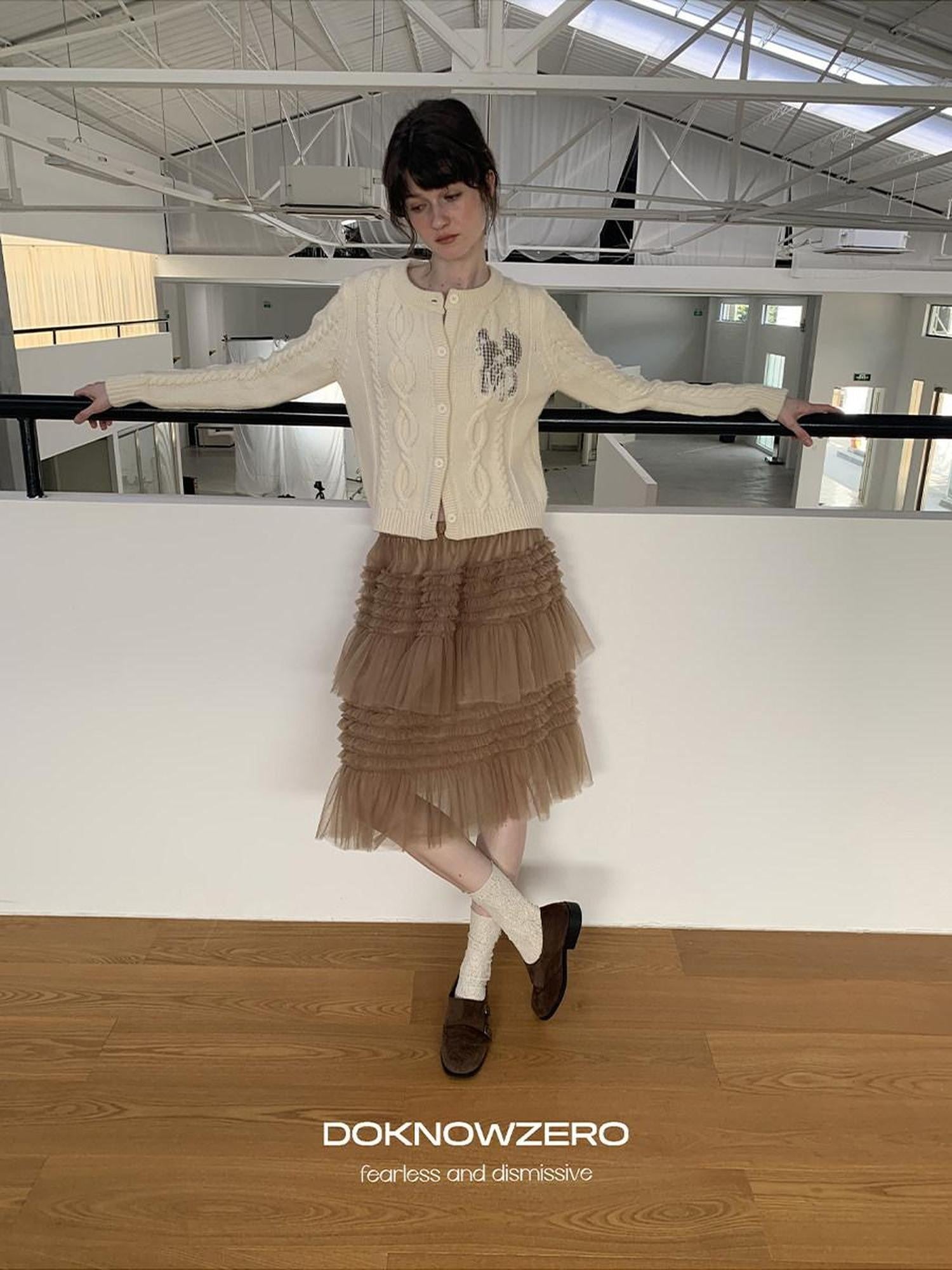 DKZ OFFICIAL Camel Tulle Puff Ruffle Lace Splice Women&