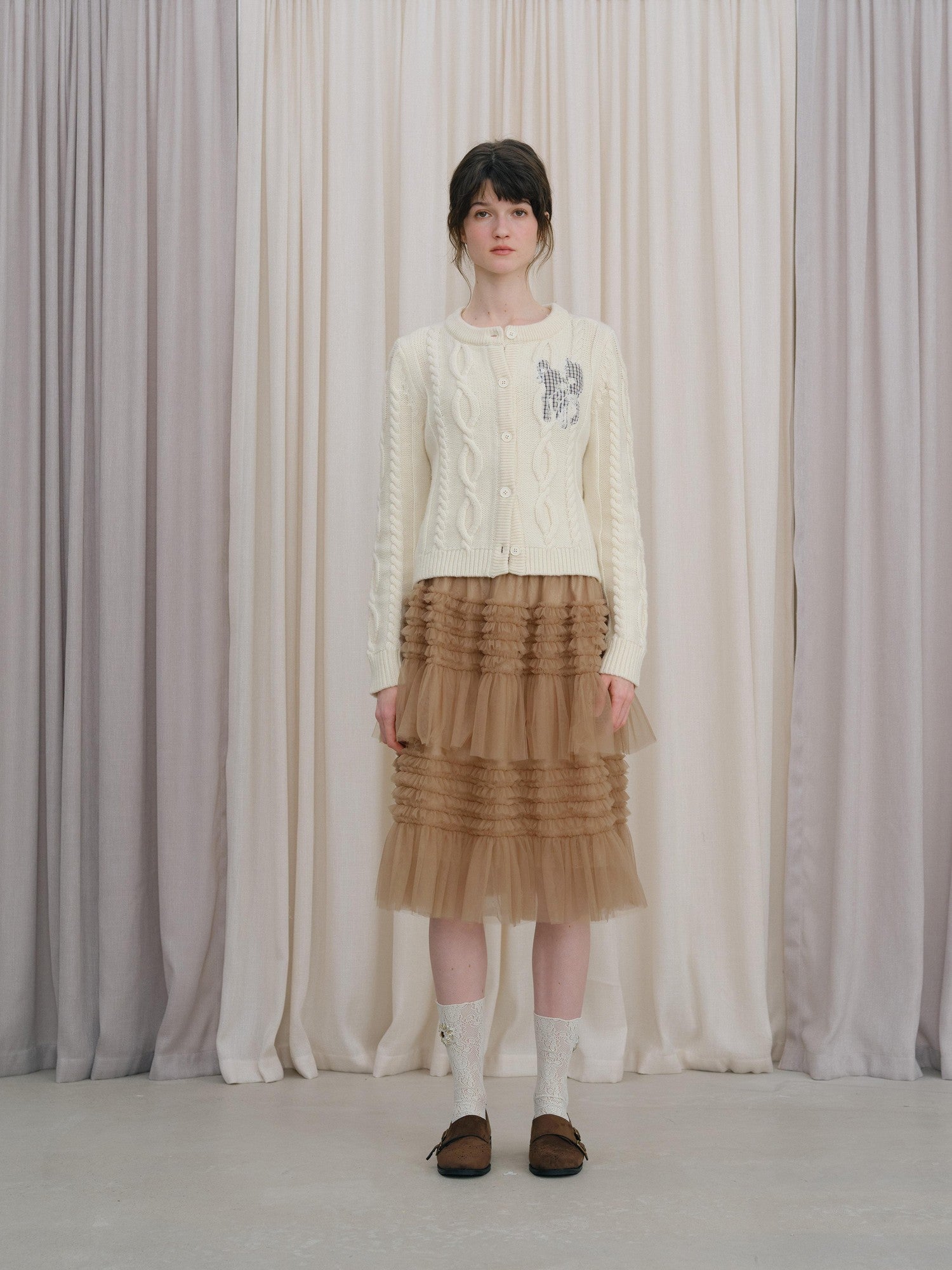 DKZ OFFICIAL Camel Tulle Puff Ruffle Lace Splice Women&