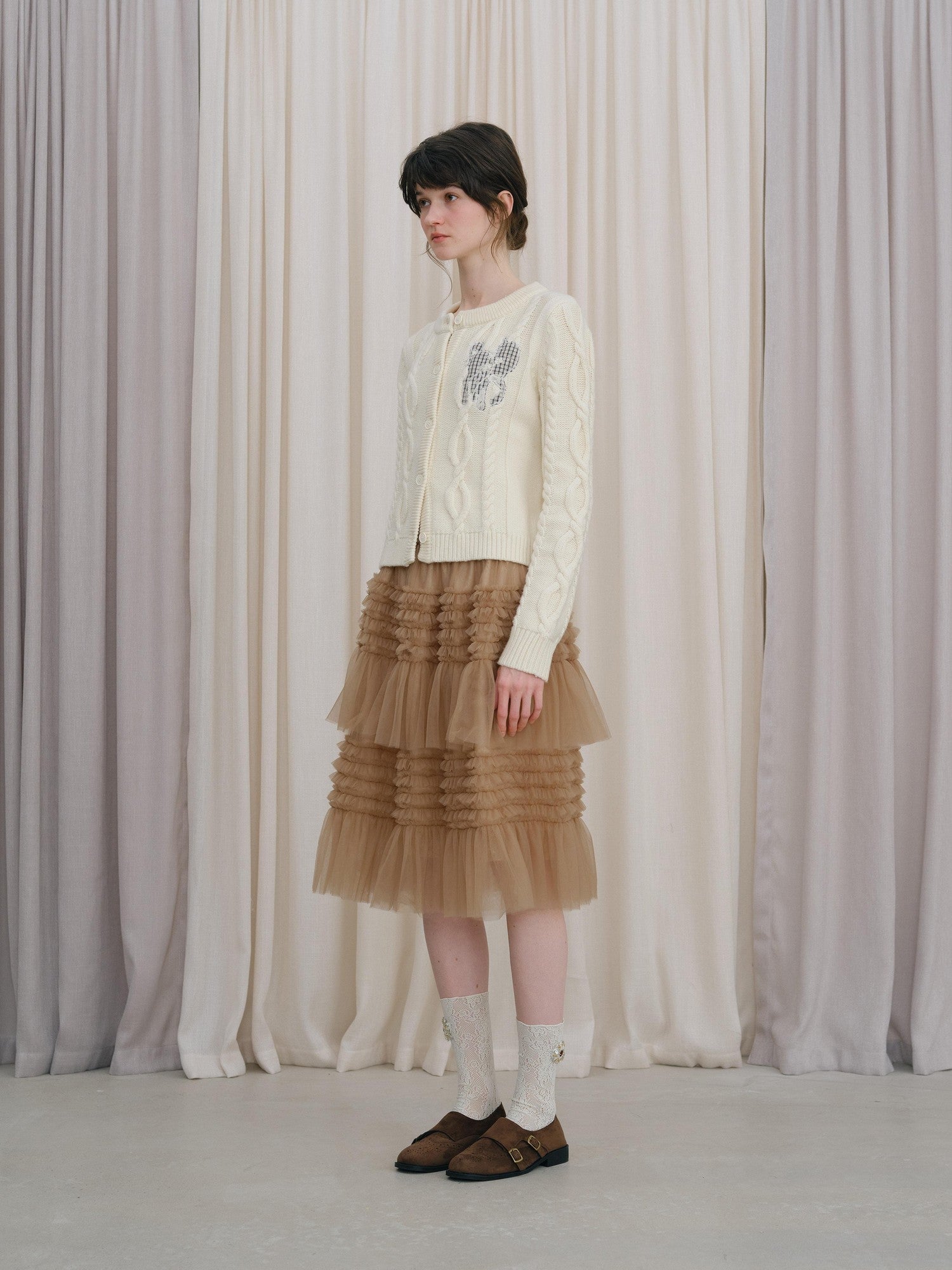 DKZ OFFICIAL Camel Tulle Puff Ruffle Lace Splice Women&