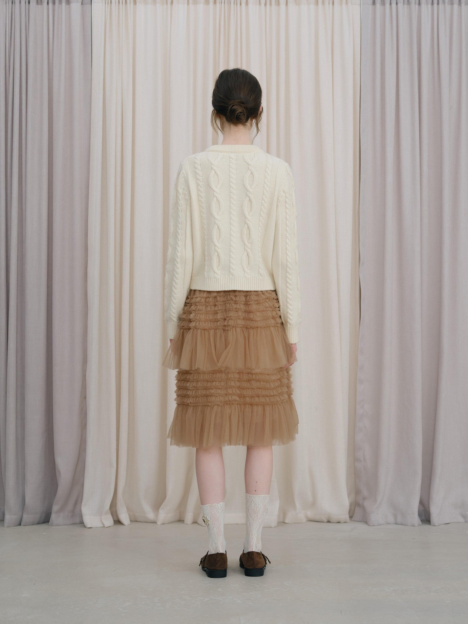 DKZ OFFICIAL Camel Tulle Puff Ruffle Lace Splice Women&