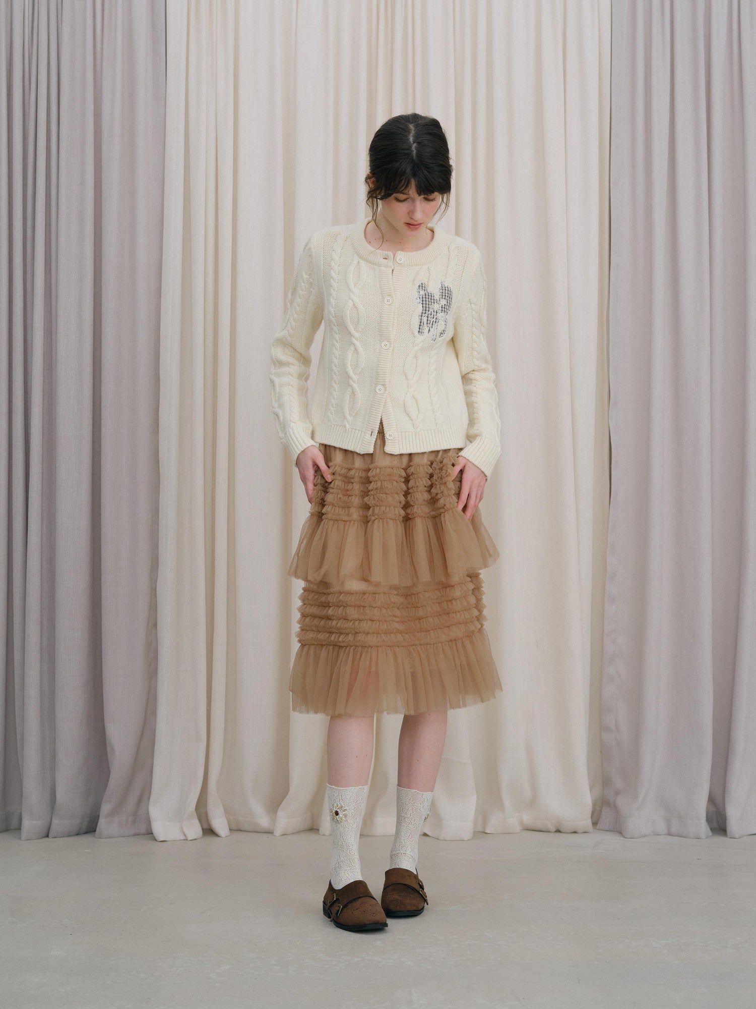 DKZ OFFICIAL Camel Tulle Puff Ruffle Lace Splice Women&