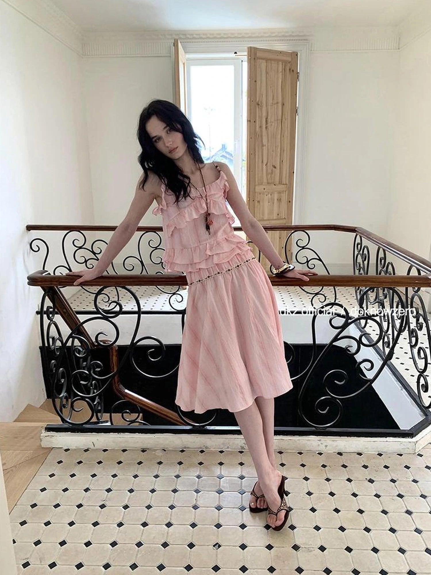 DKZ OFFICIAL Canelé Beaded Strap Camisole Pleated Ribbon Skirt Set