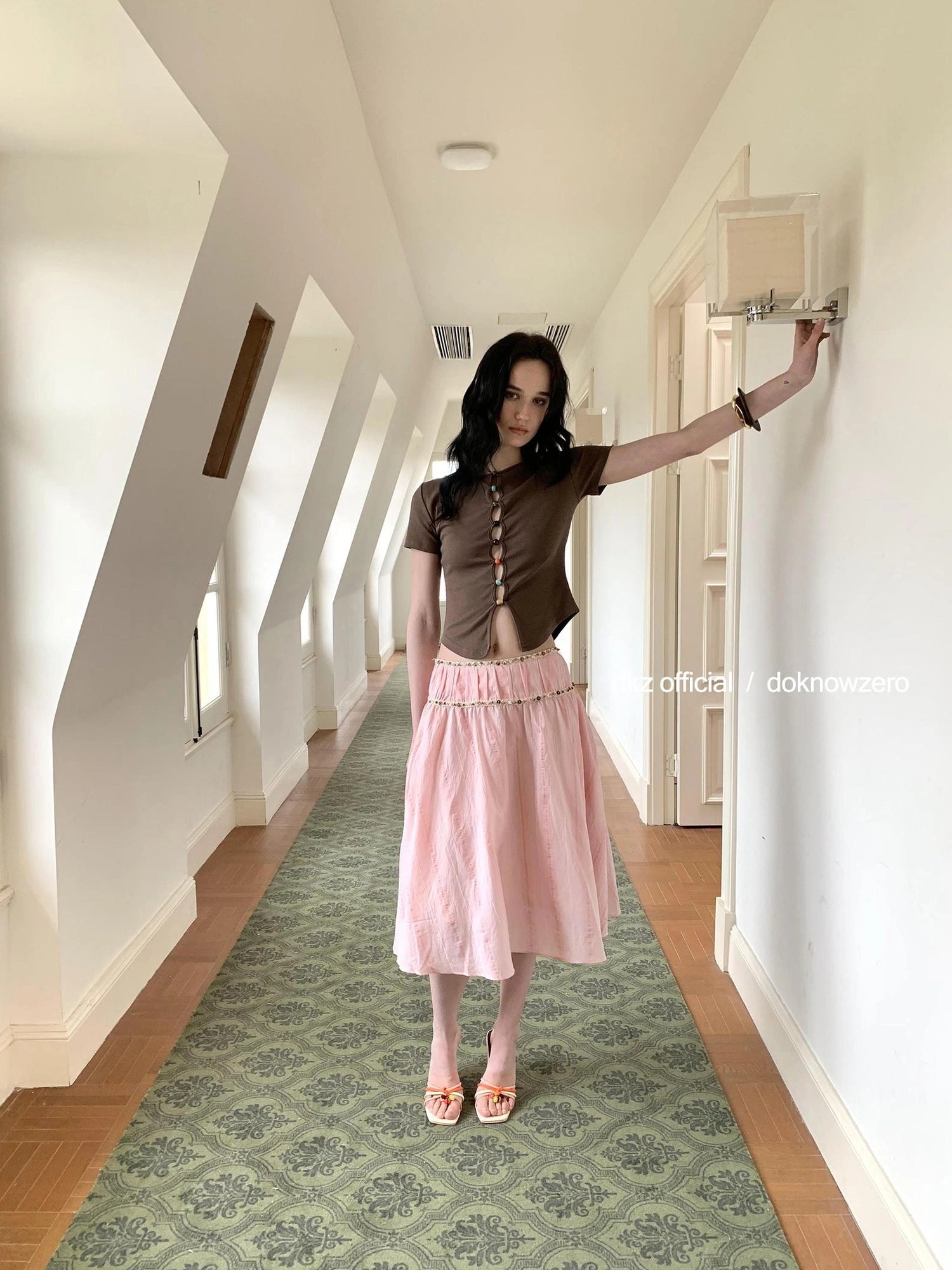 DKZ OFFICIAL Canelé Beaded Strap Camisole Pleated Ribbon Skirt Set