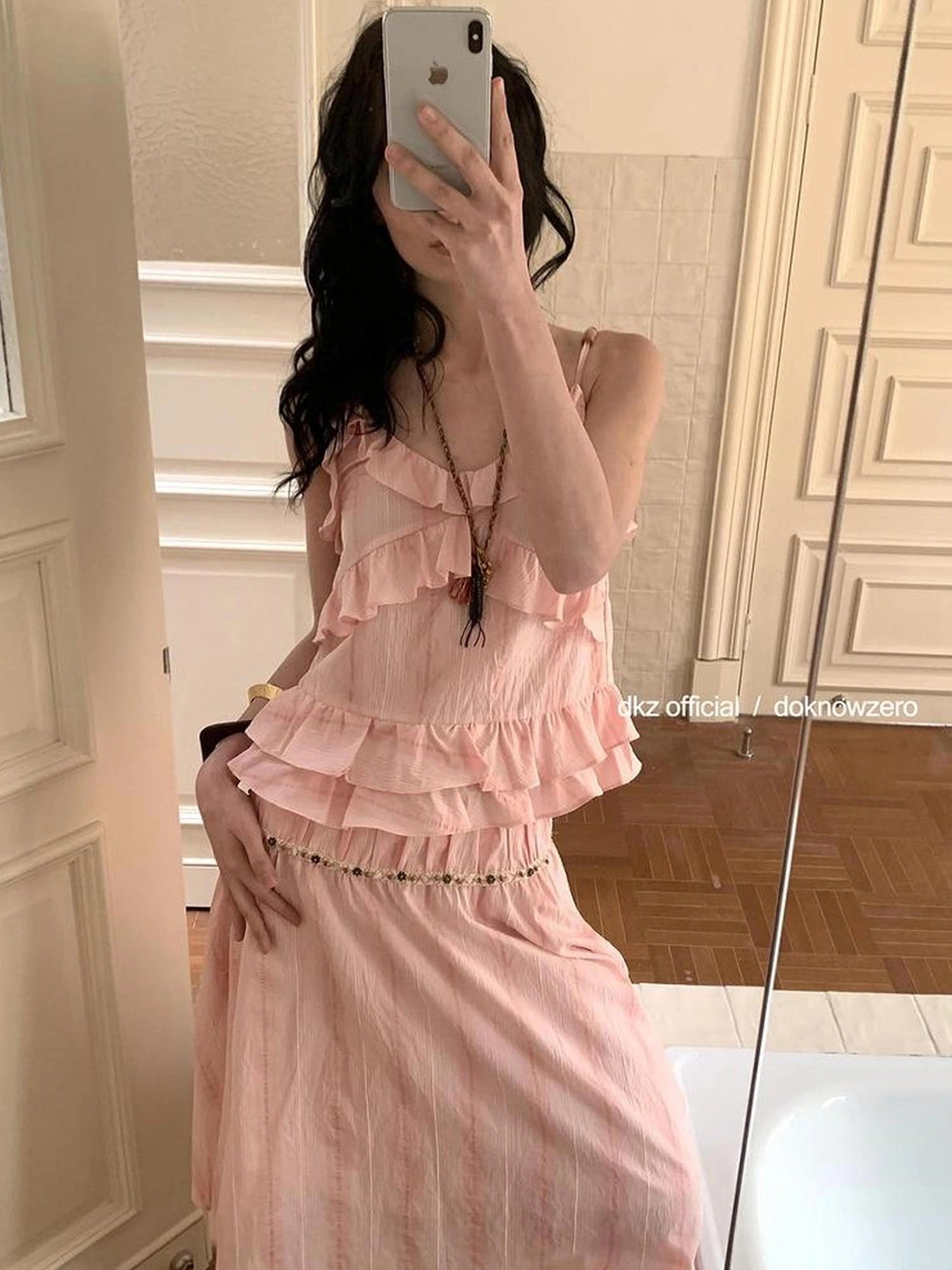 DKZ OFFICIAL Canelé Beaded Strap Camisole Pleated Ribbon Skirt Set