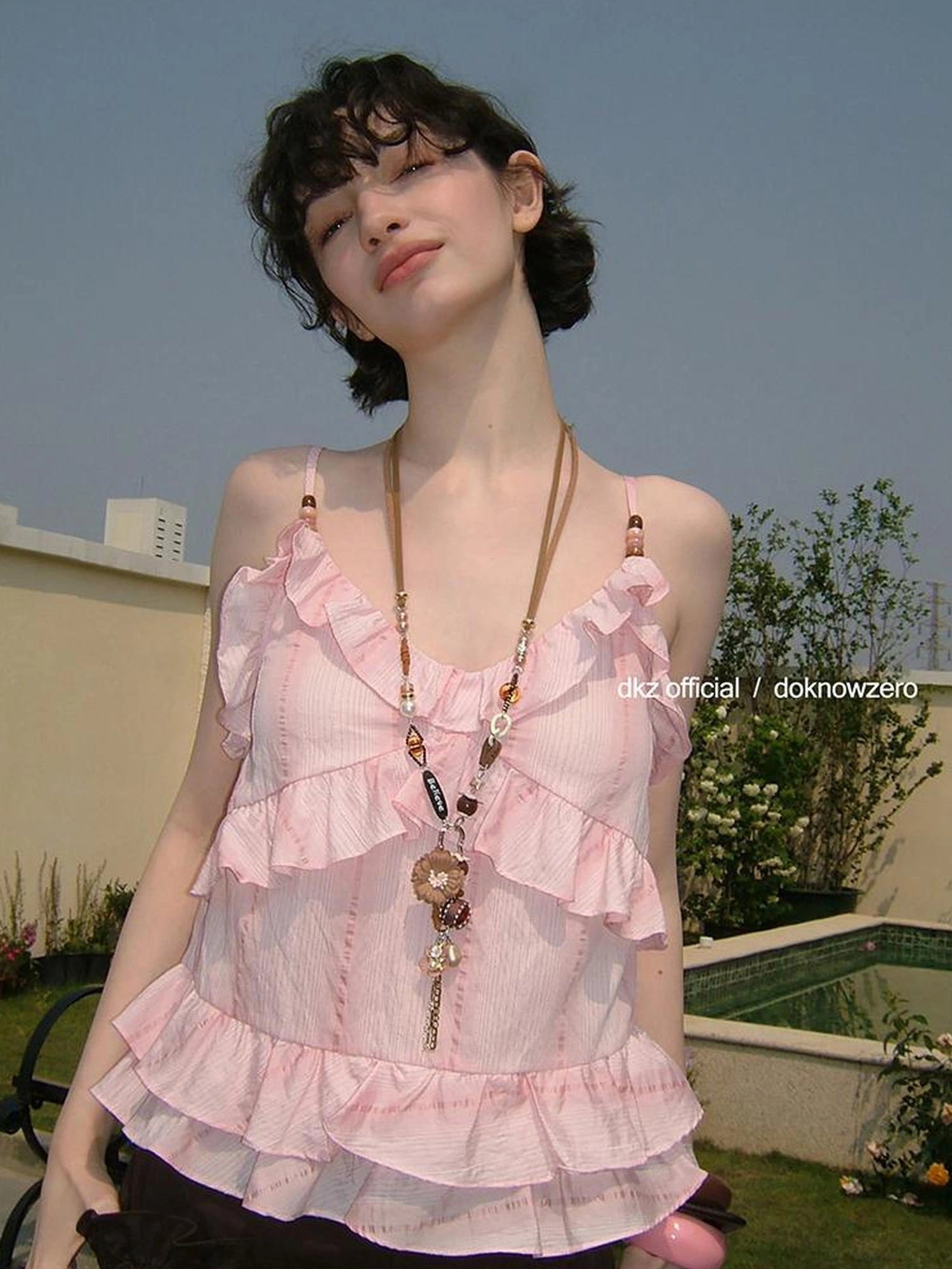 DKZ OFFICIAL Canelé Beaded Strap Camisole Pleated Ribbon Skirt Set