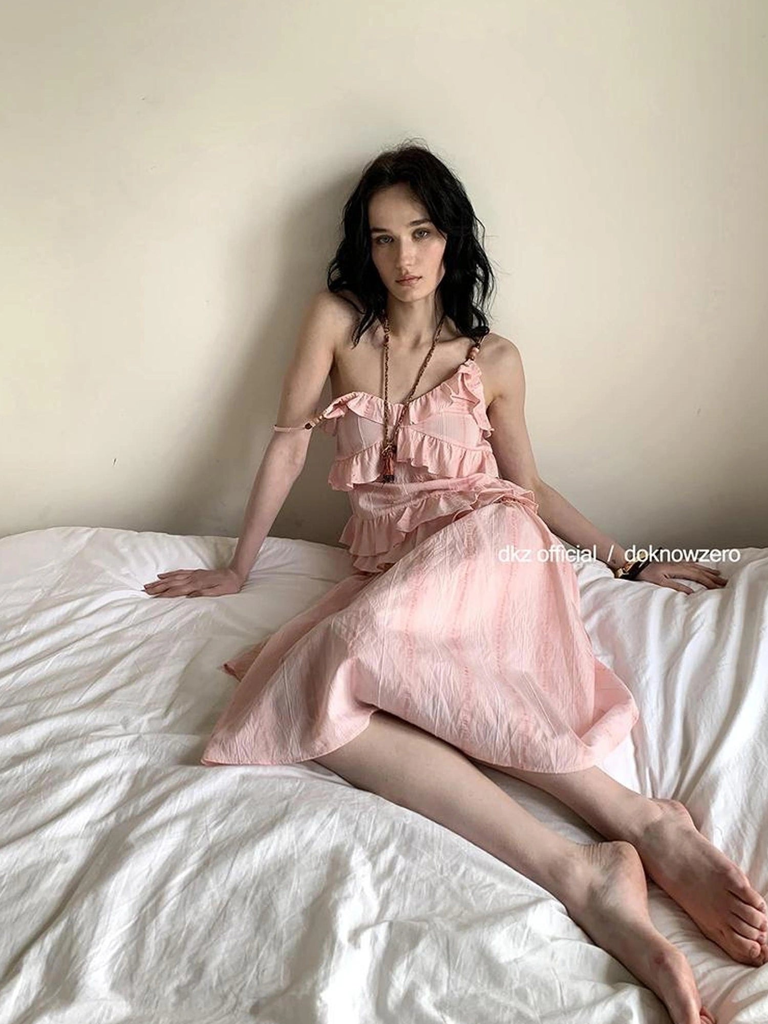 DKZ OFFICIAL Canelé Beaded Strap Camisole Pleated Ribbon Skirt Set