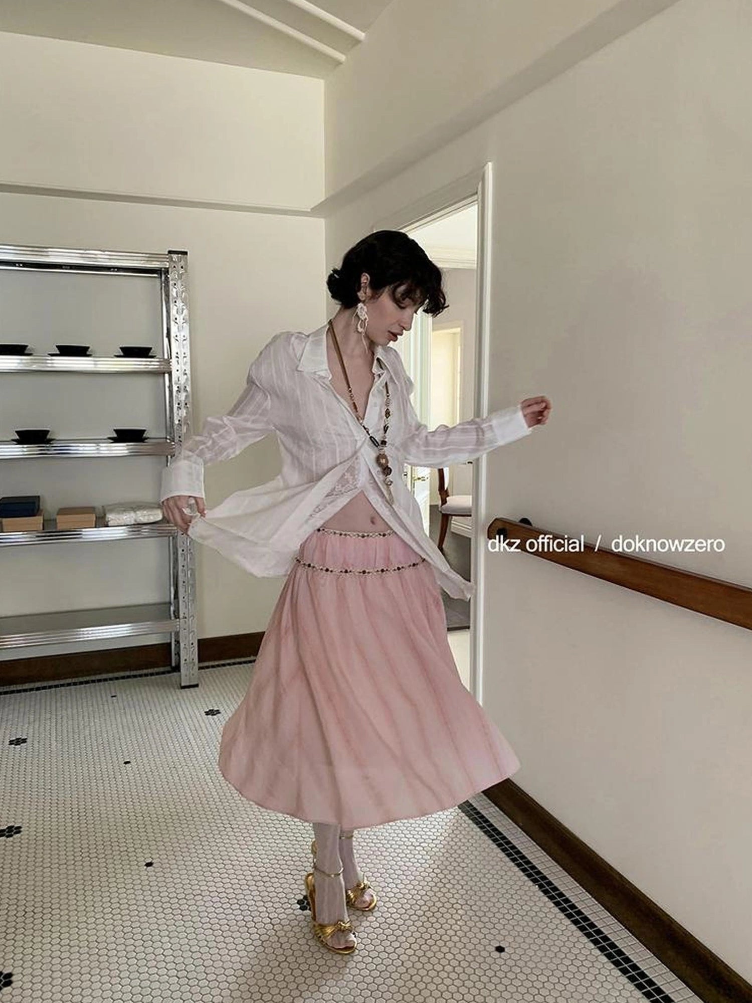 DKZ OFFICIAL Canelé Beaded Strap Camisole Pleated Ribbon Skirt Set