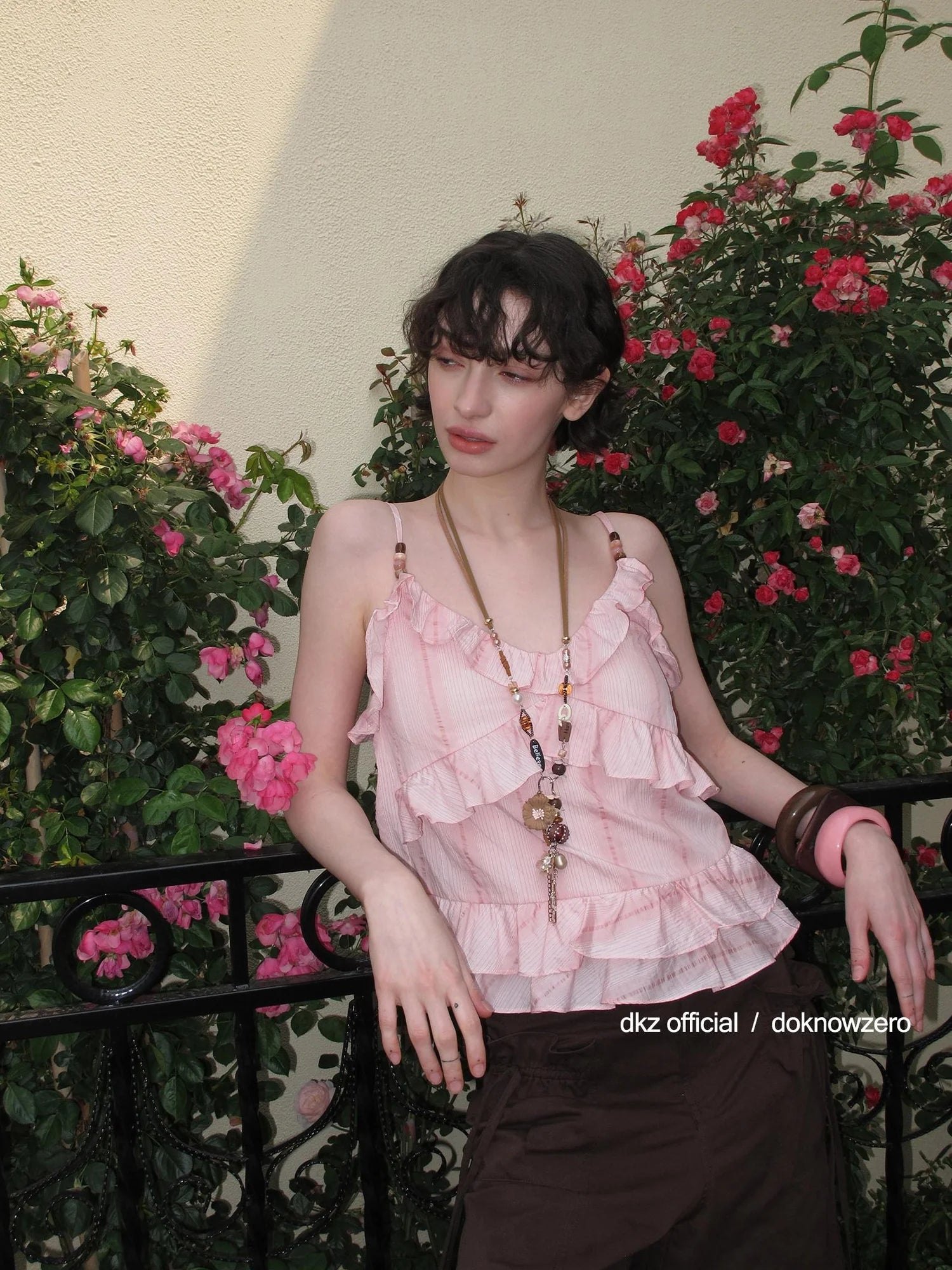 DKZ OFFICIAL Canelé Beaded Strap Camisole Pleated Ribbon Skirt Set