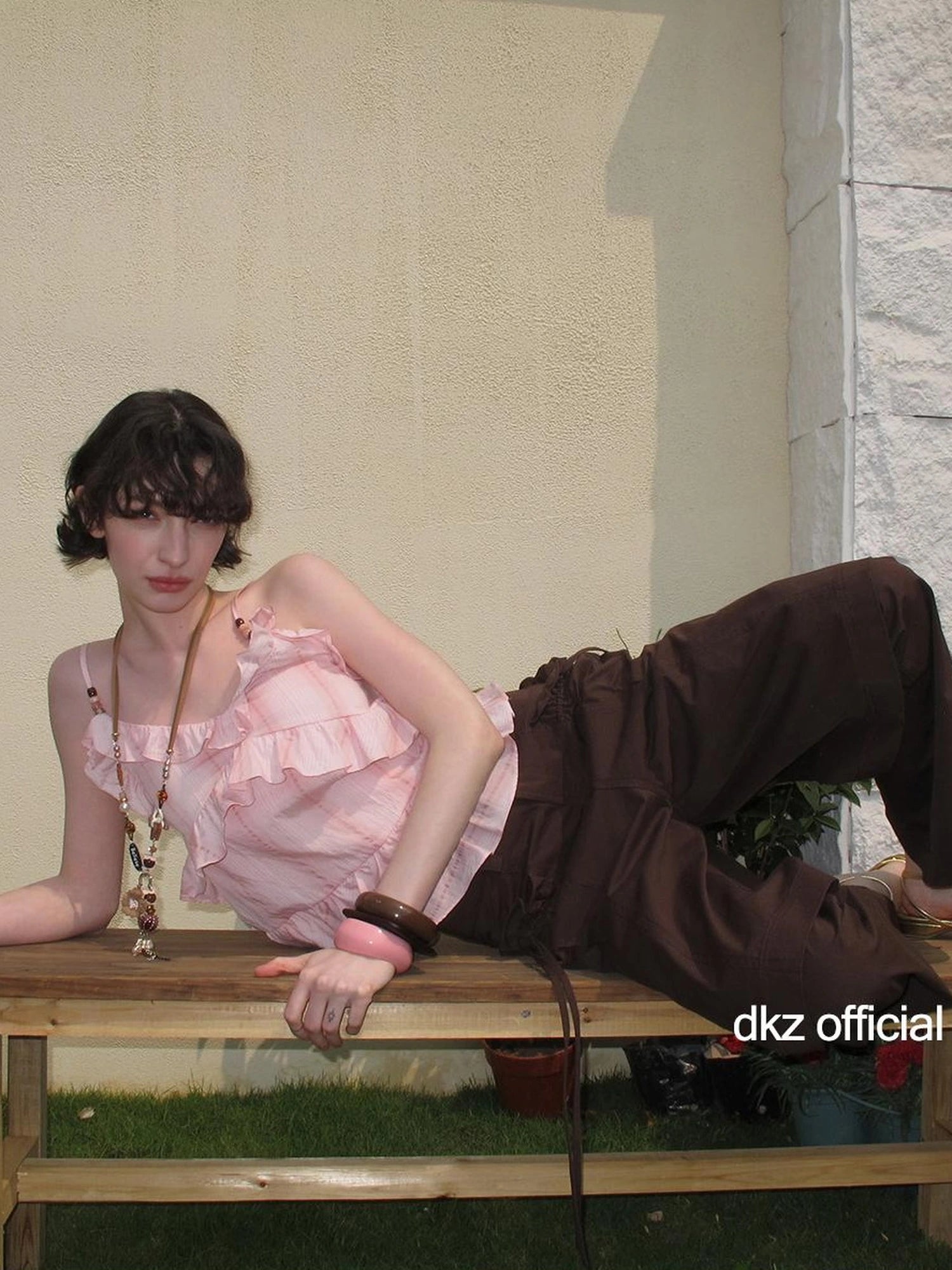 DKZ OFFICIAL Canelé Beaded Strap Camisole Pleated Ribbon Skirt Set