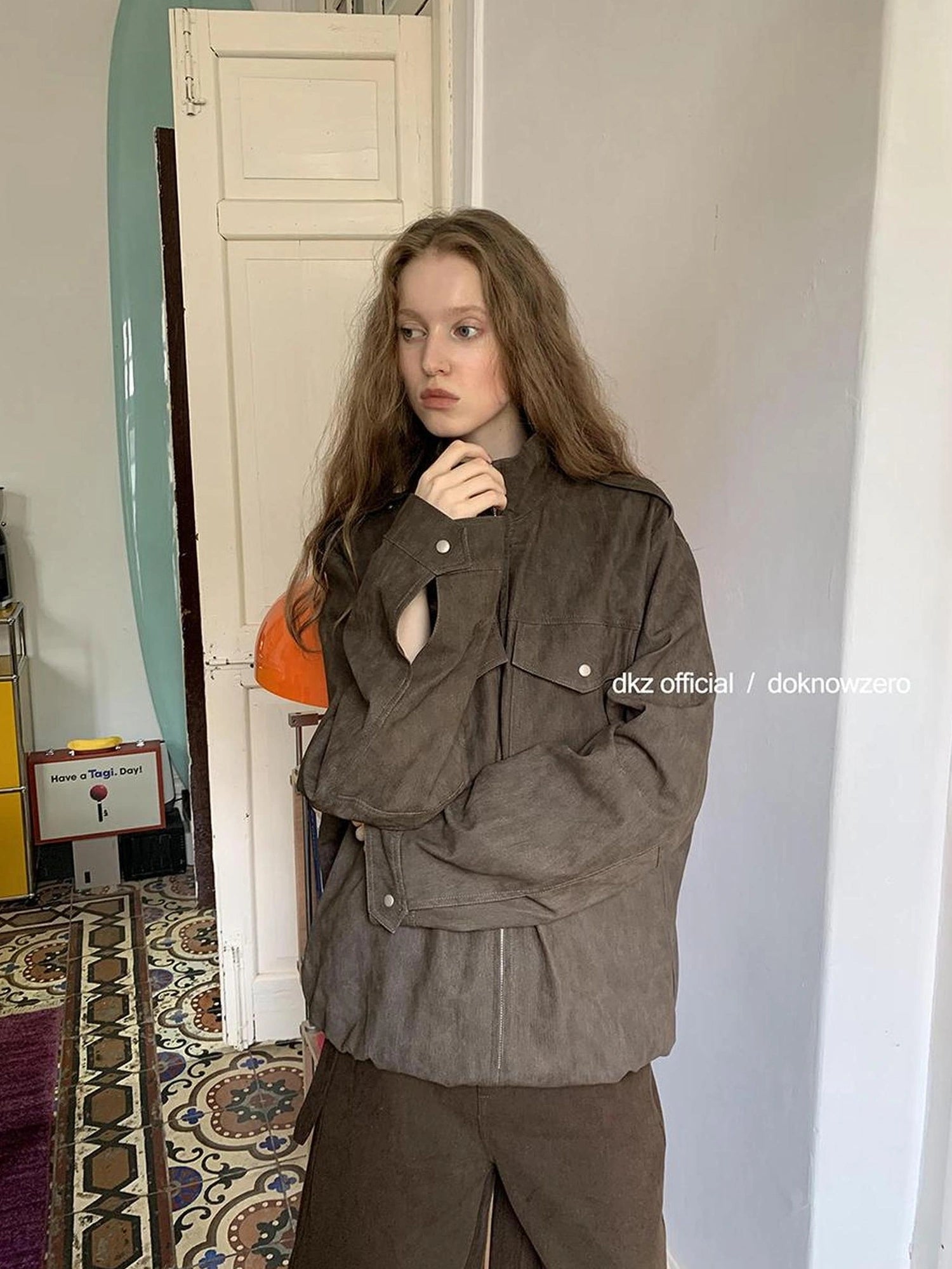 DKZ OFFICIAL Caramel Textured Pu Leather Jacket Loose Fit Retro Style