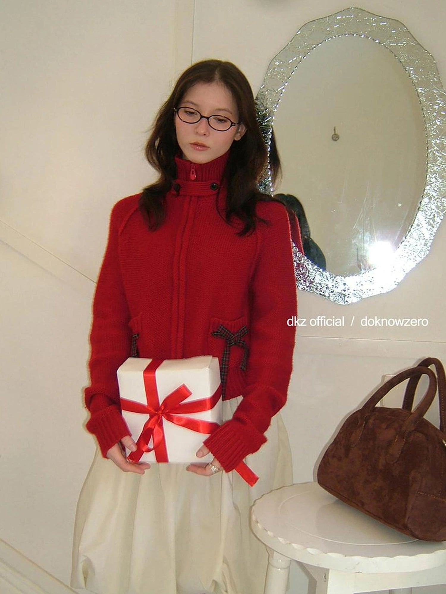 DKZ OFFICIAL Christmas Red Knit Cardigan With Bow For Women Cozy Winter Sweater
