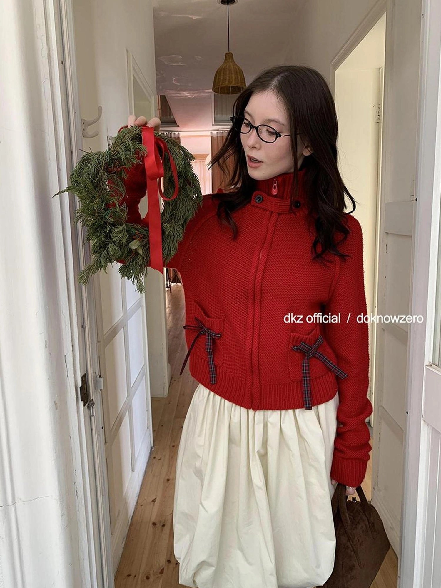 DKZ OFFICIAL Christmas Red Knit Cardigan With Bow For Women Cozy Winter Sweater