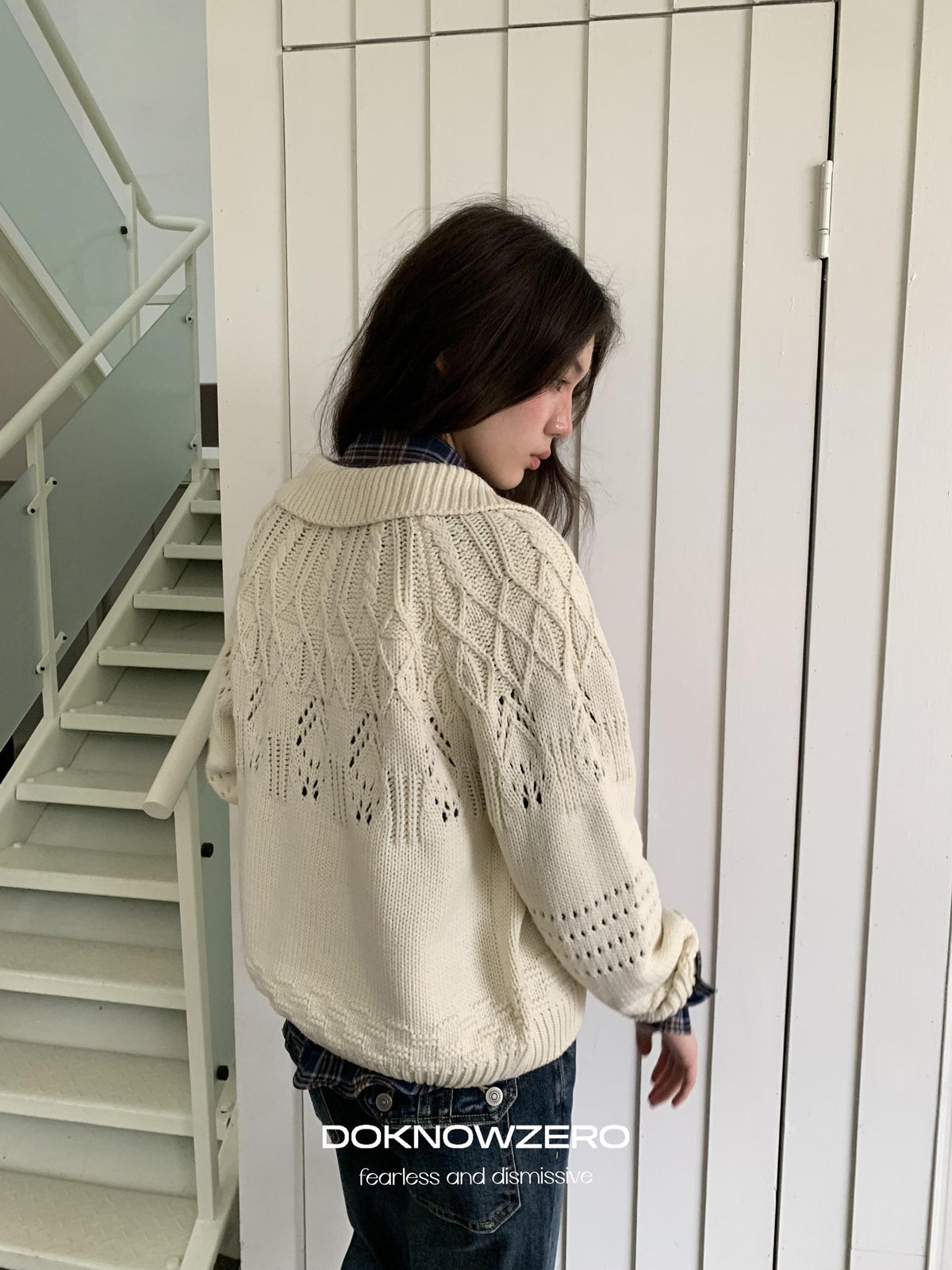DKZ OFFICIAL Chunky Retro Jacquard Openwork Knit Women&