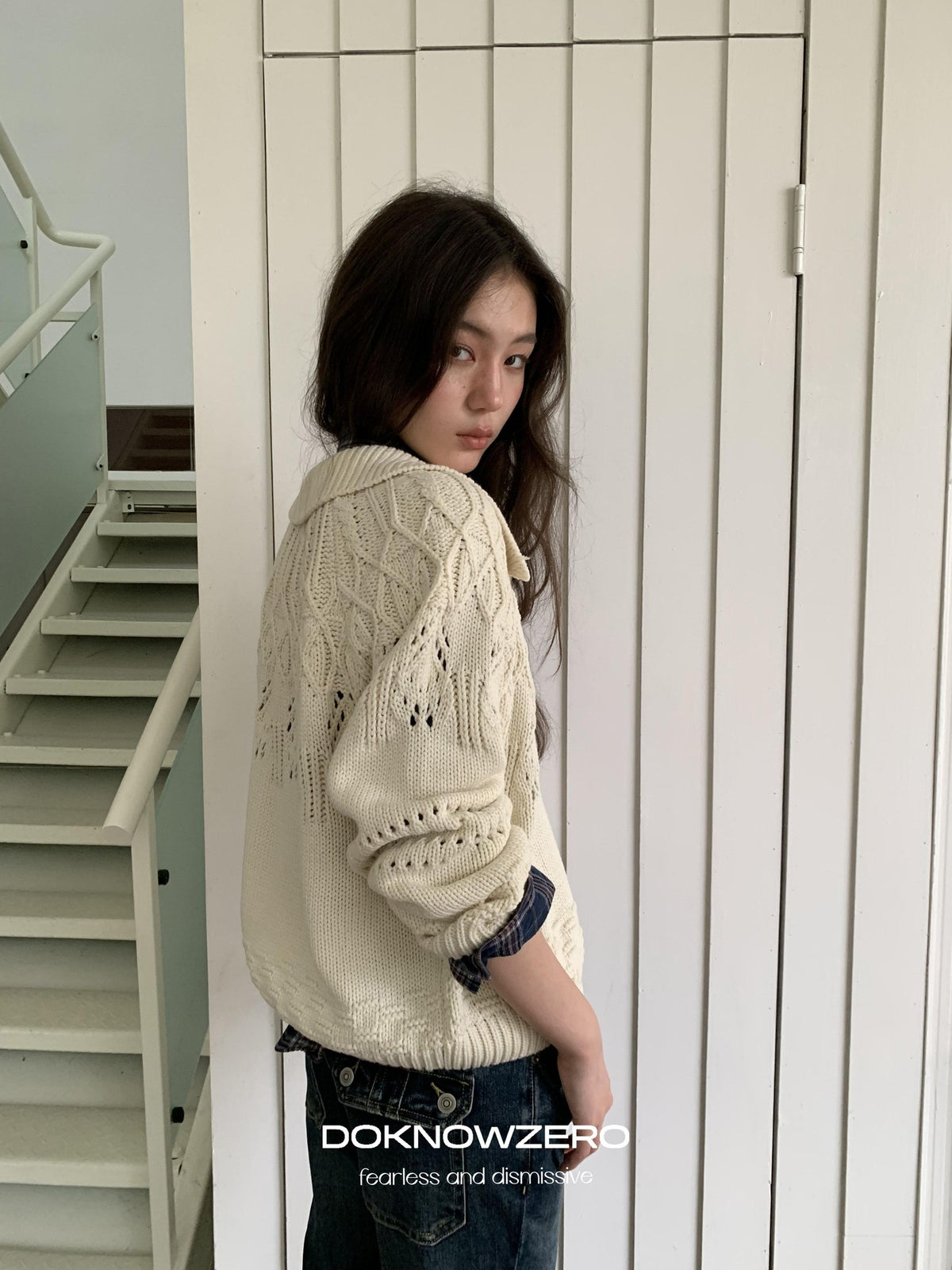 DKZ OFFICIAL Chunky Retro Jacquard Openwork Knit Women&