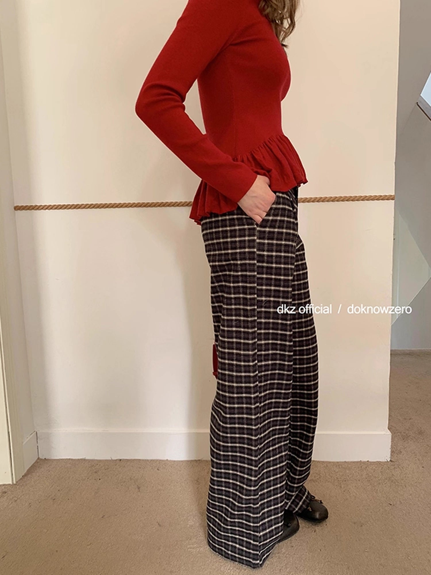 DKZ_OFFICIAL_Coffee_Brown_Checkered_Wide_Leg_Trousers_For_Women_MISSTT