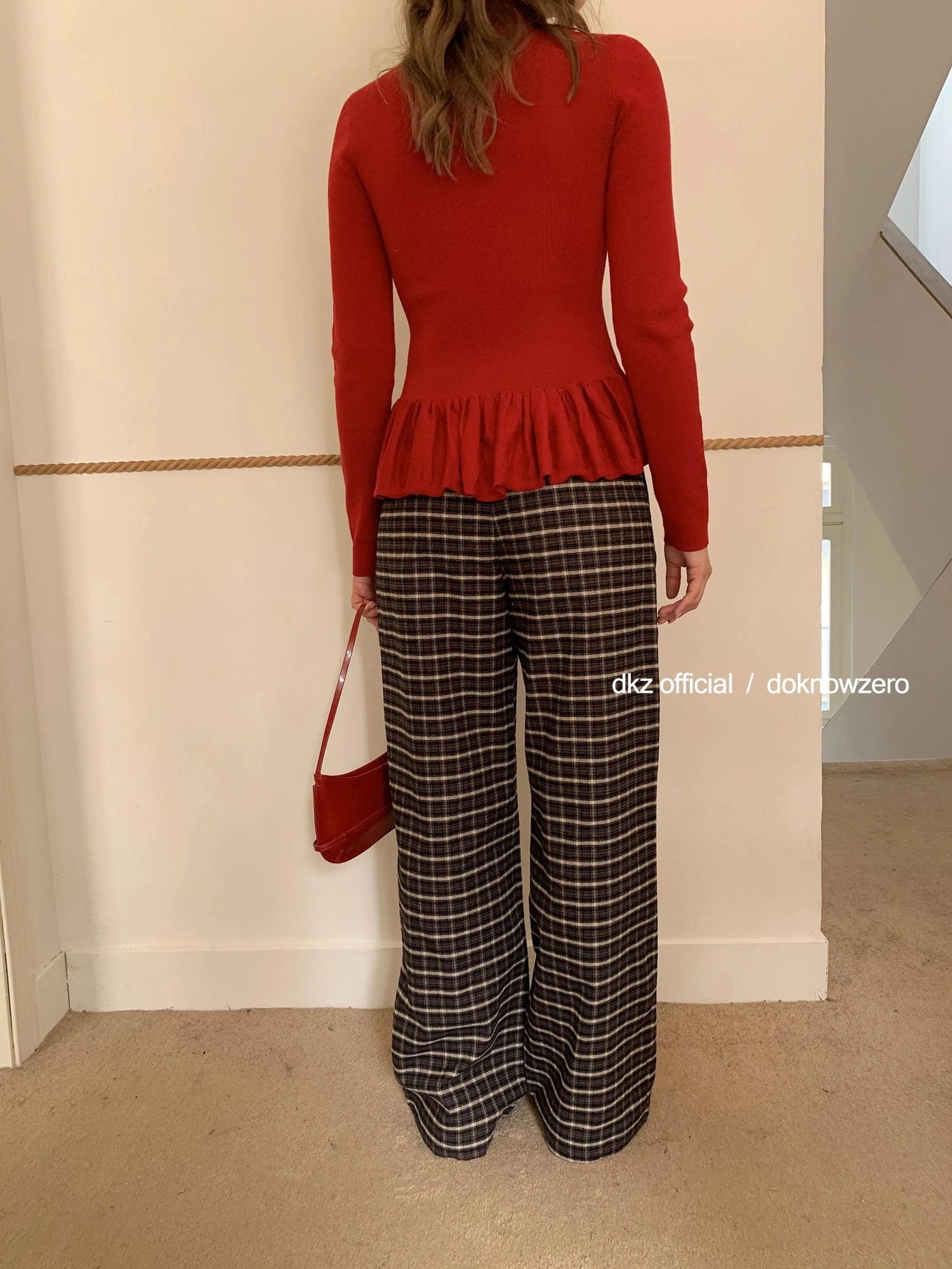 DKZ OFFICIAL Coffee Brown Checkered Wide Leg Trousers For Women