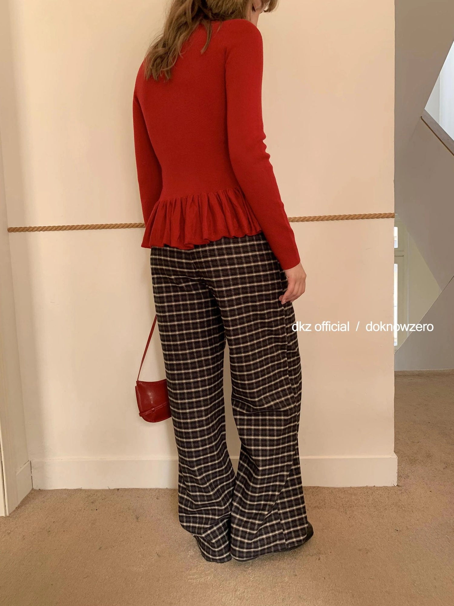 DKZ OFFICIAL Coffee Brown Checkered Wide Leg Trousers For Women