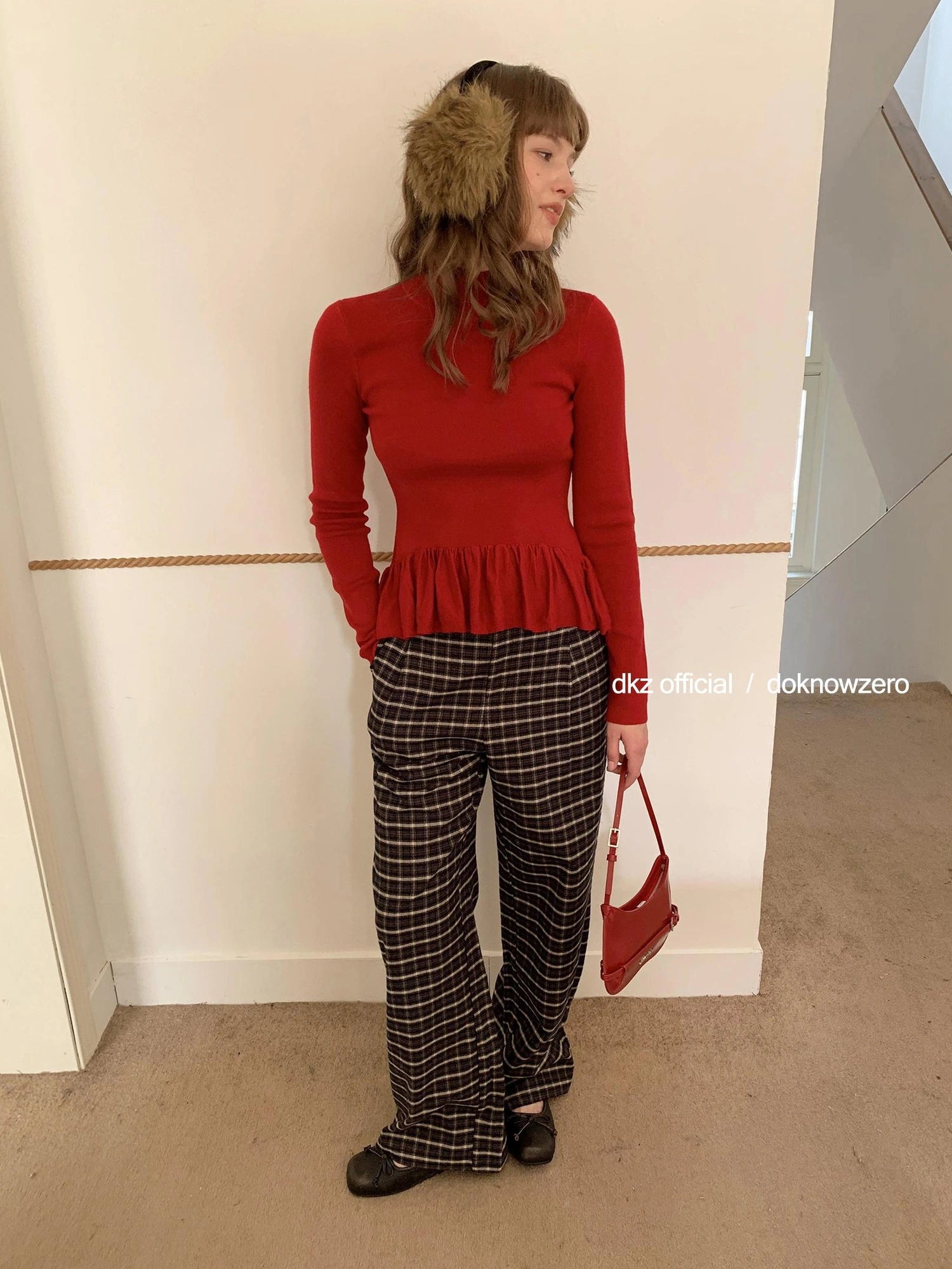 DKZ OFFICIAL Coffee Brown Checkered Wide Leg Trousers For Women