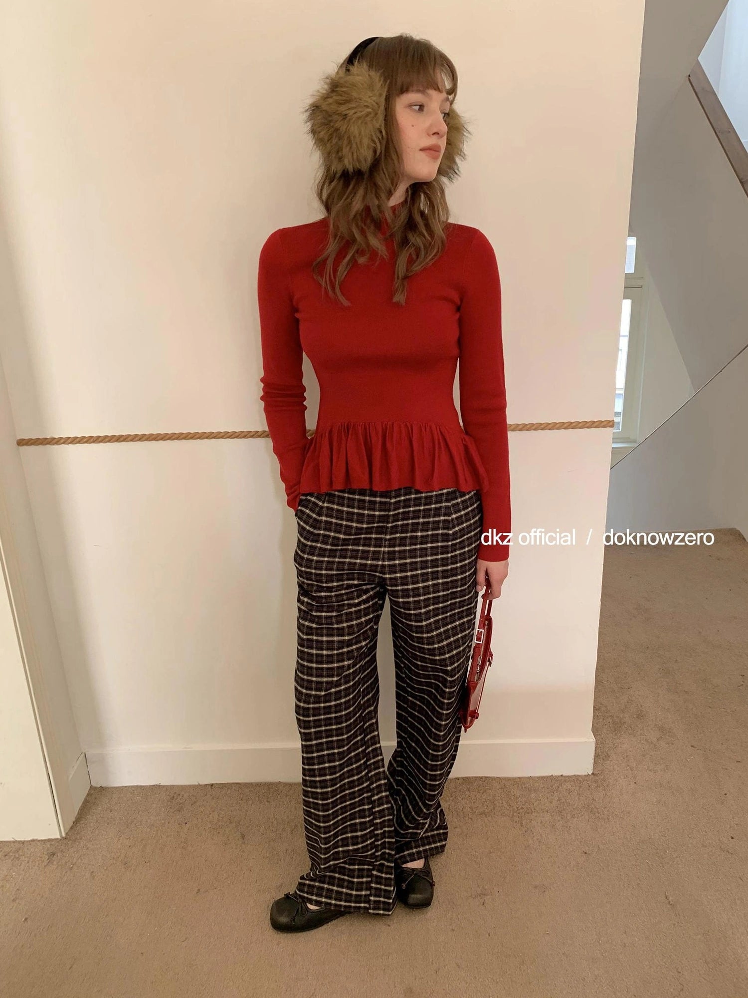 DKZ OFFICIAL Coffee Brown Checkered Wide Leg Trousers For Women