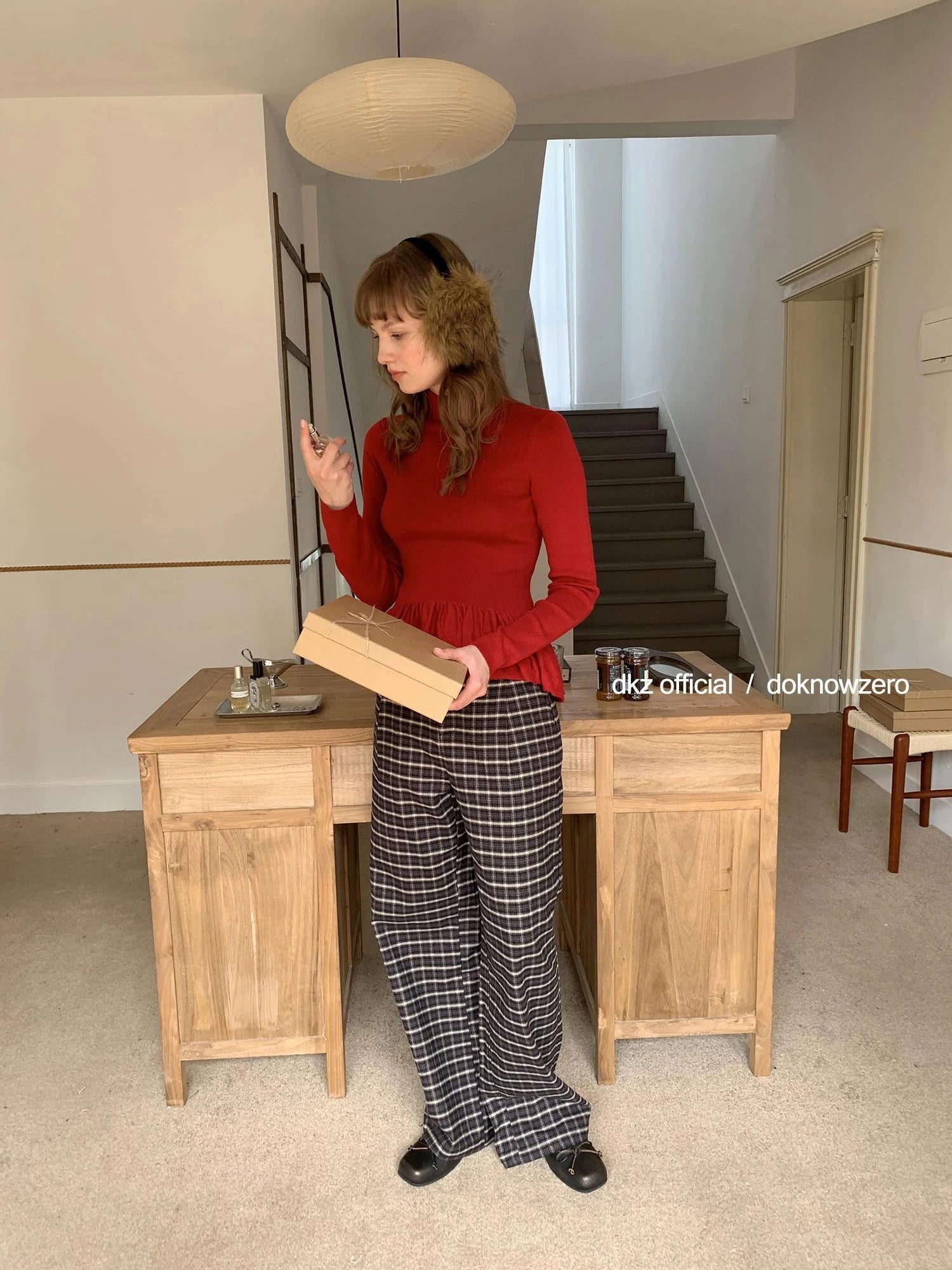 DKZ OFFICIAL Coffee Brown Checkered Wide Leg Trousers For Women