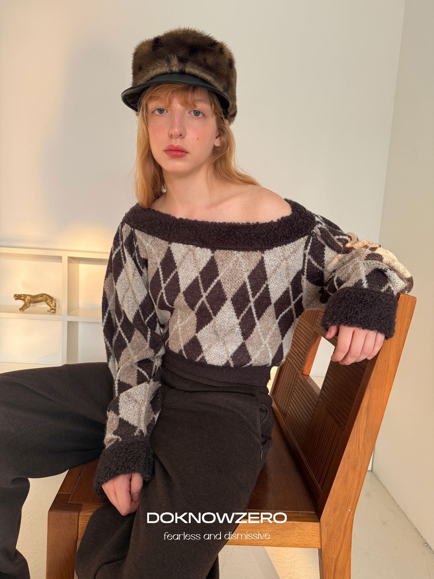 DKZ OFFICIAL Coffee Diamond One Shoulder Short Loose Women&