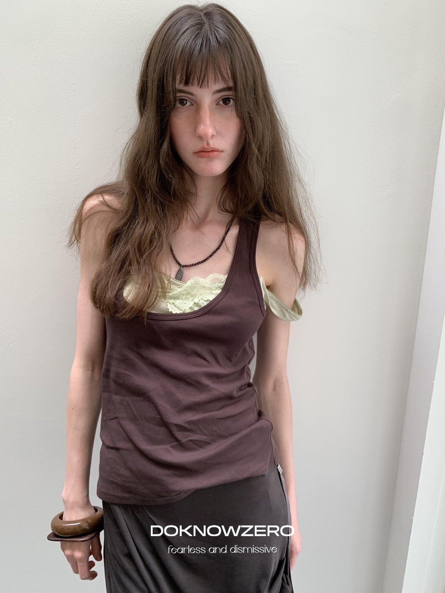 DKZ OFFICIAL Coffee Lace Layered Contrast Y Back U Neck Loose Women&