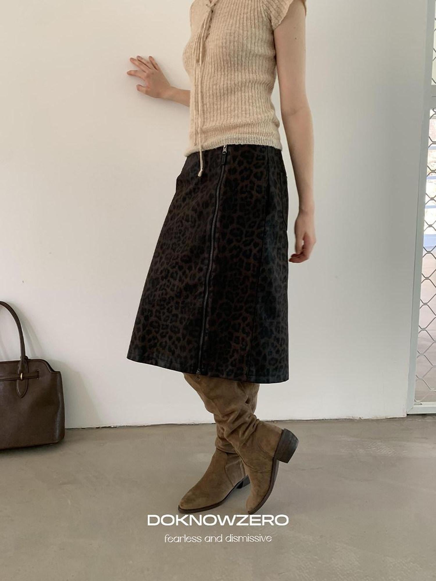 DKZ OFFICIAL Coffee Leopard Print H Line Side Slit Mid Waist Retro Women&