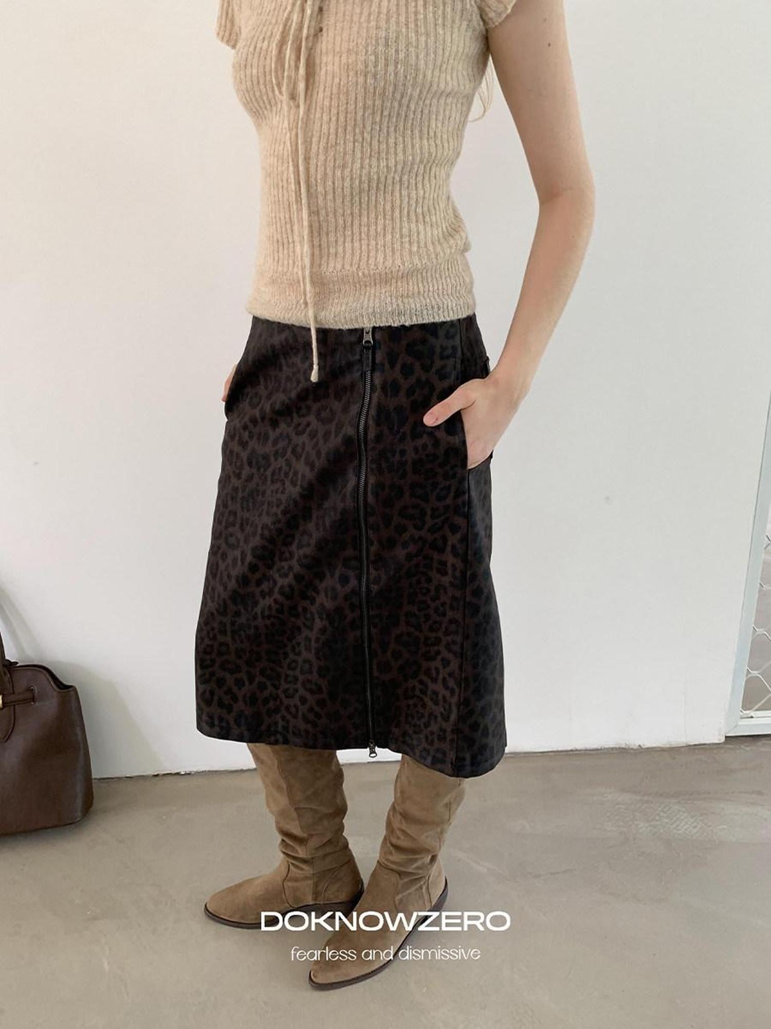 DKZ OFFICIAL Coffee Leopard Print H Line Side Slit Mid Waist Retro Women&