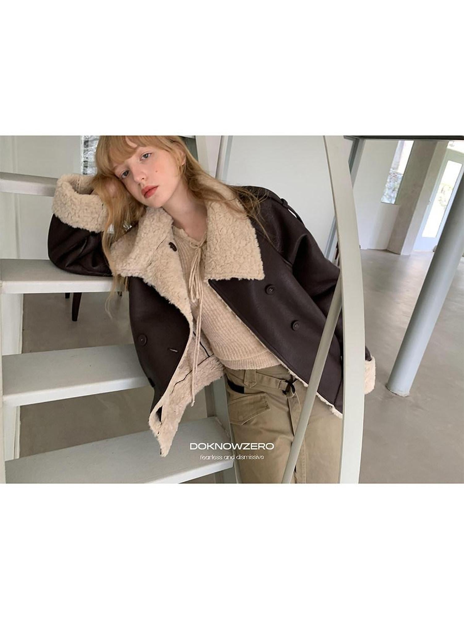 DKZ OFFICIAL Coffee Panel Shearling Lapel Double Breasted Women&