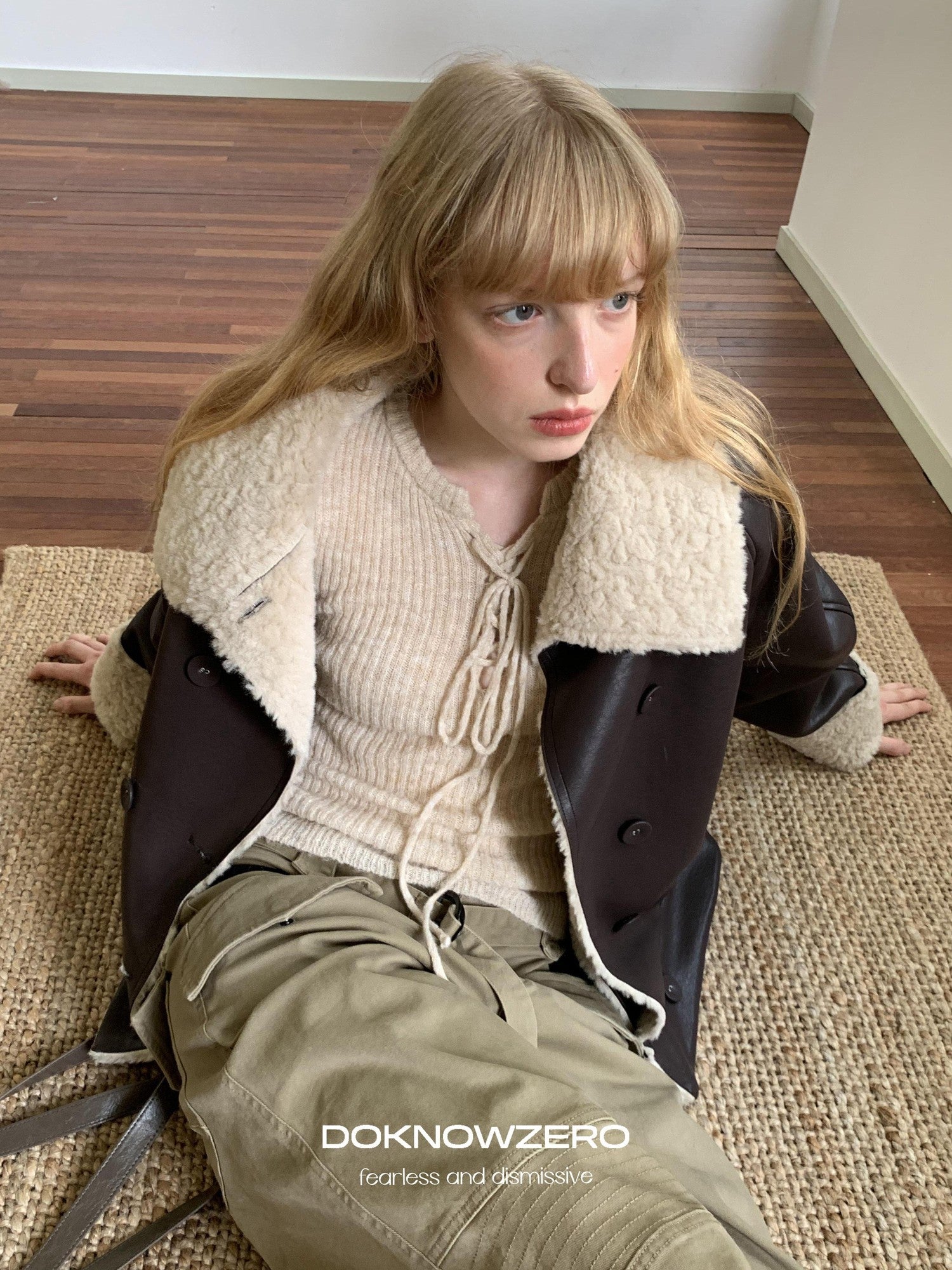 DKZ OFFICIAL Coffee Panel Shearling Lapel Double Breasted Women&