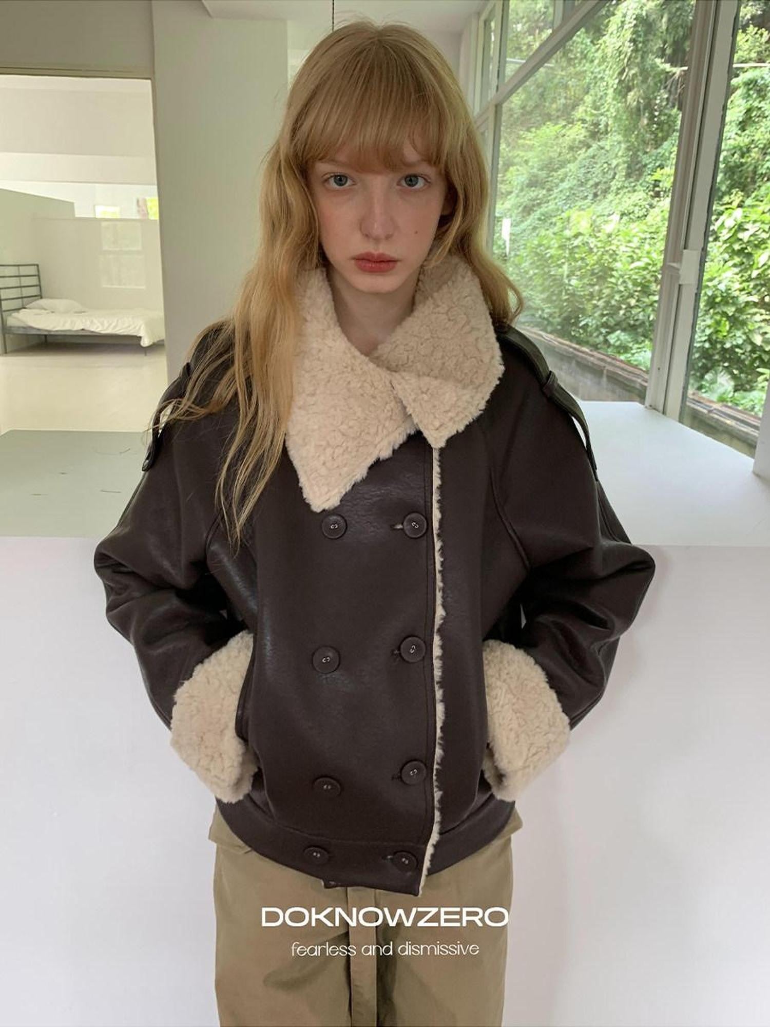 DKZ OFFICIAL Coffee Panel Shearling Lapel Double Breasted Women&