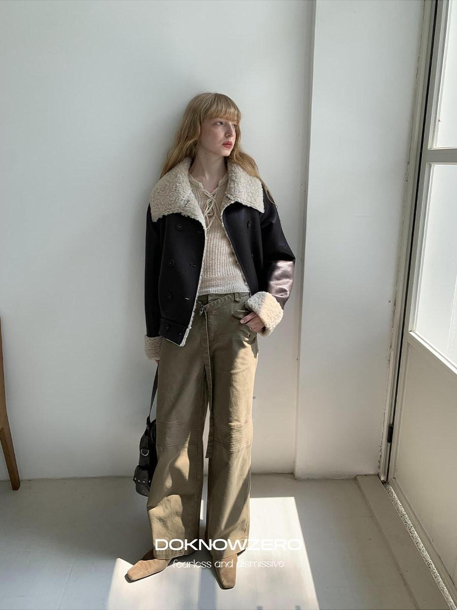 DKZ OFFICIAL Coffee Panel Shearling Lapel Double Breasted Women&