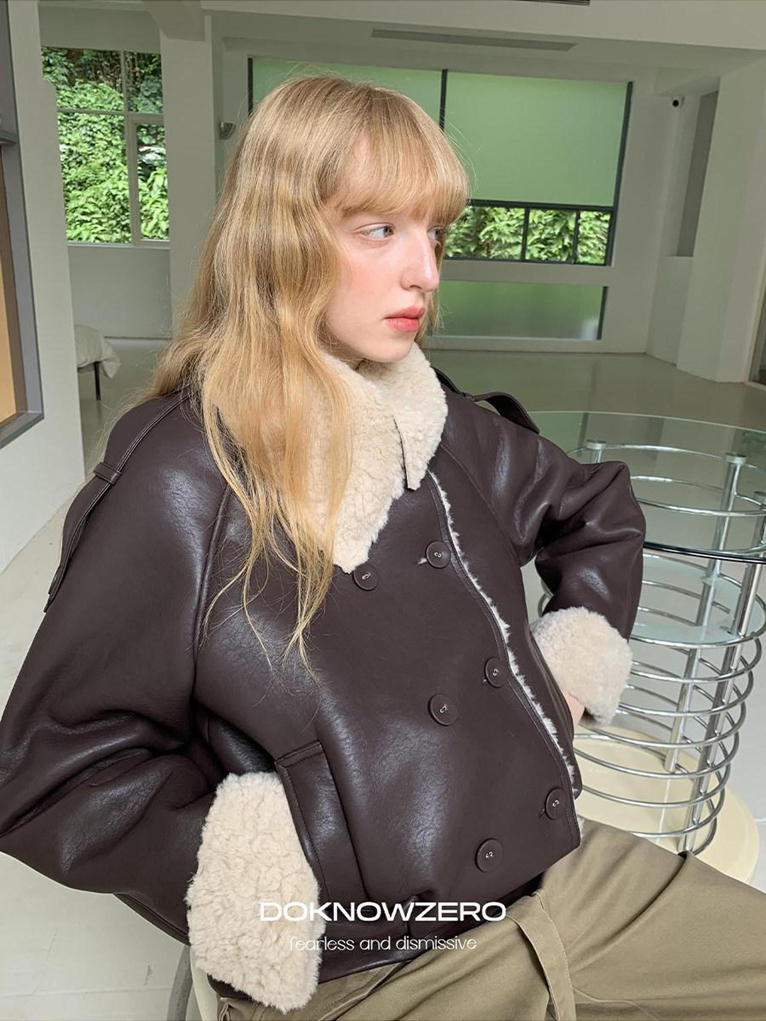 DKZ OFFICIAL Coffee Panel Shearling Lapel Double Breasted Women&