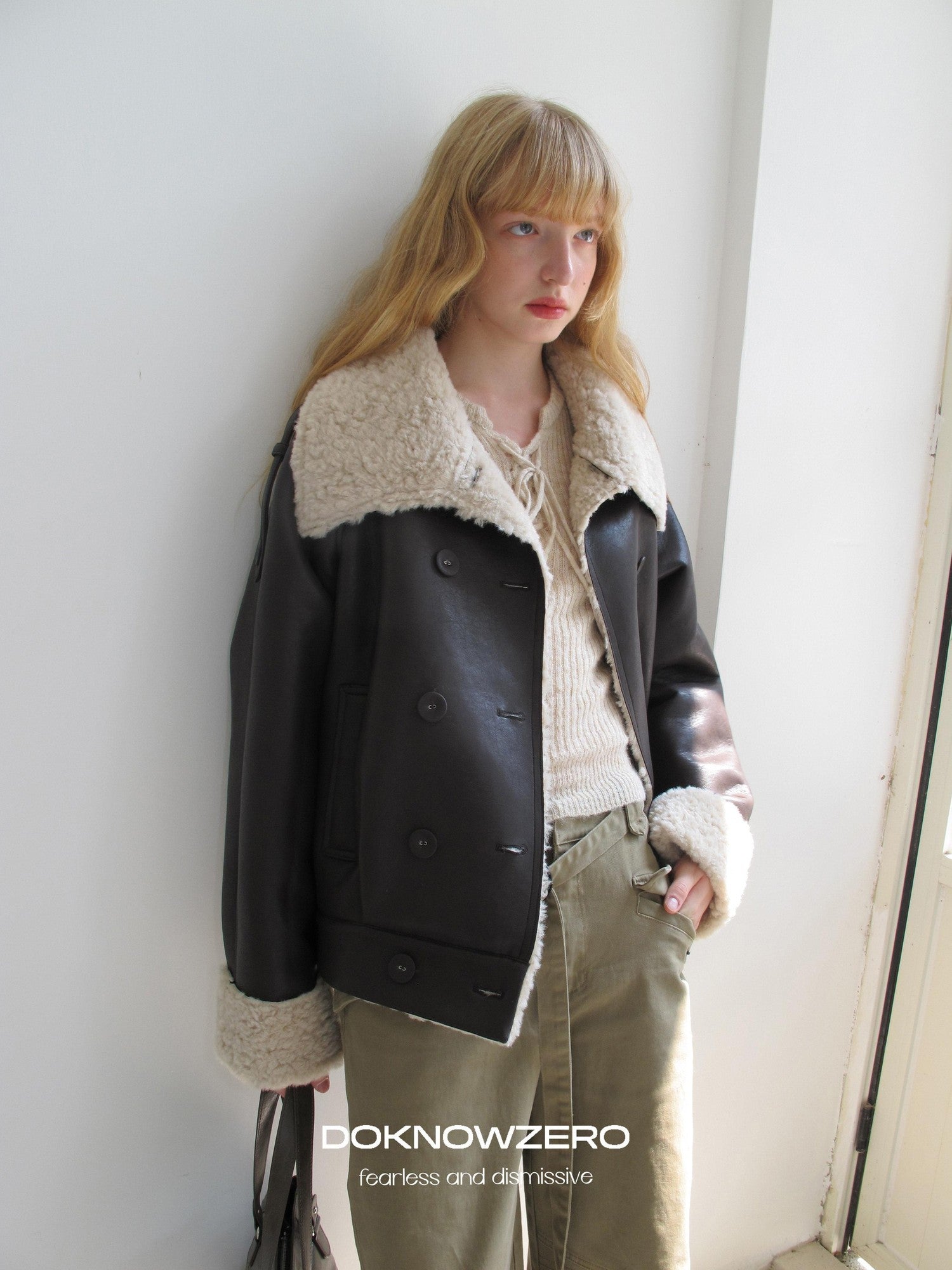 DKZ OFFICIAL Coffee Panel Shearling Lapel Double Breasted Women&