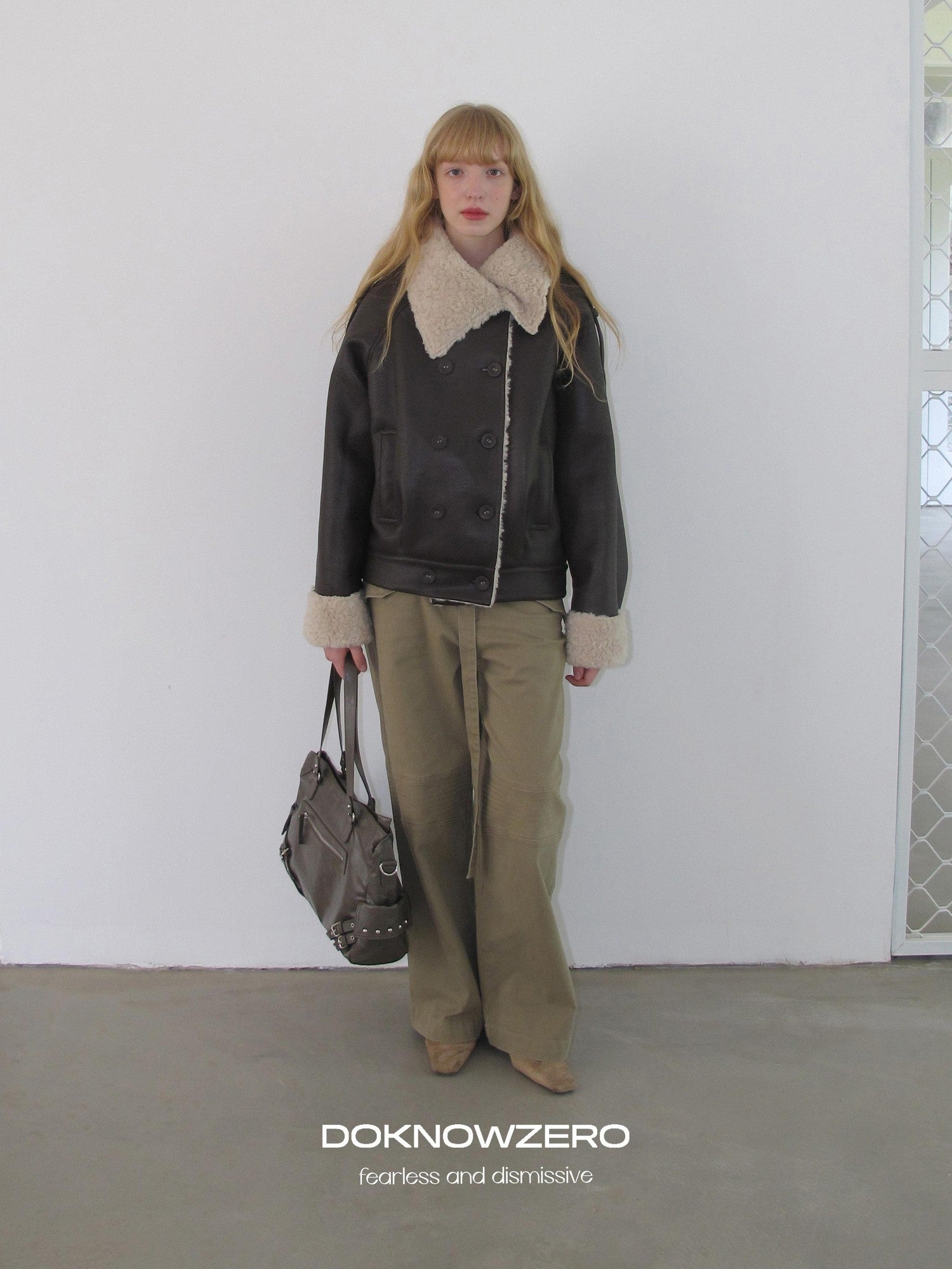 DKZ OFFICIAL Coffee Panel Shearling Lapel Double Breasted Women&
