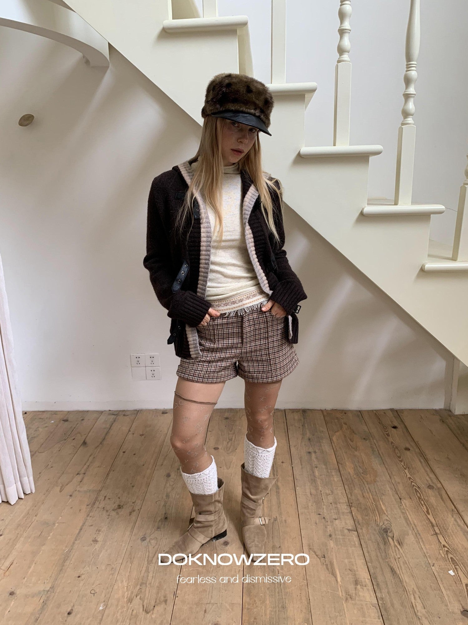 DKZ OFFICIAL Coffee Plaid Zip Pocket Straight Women&