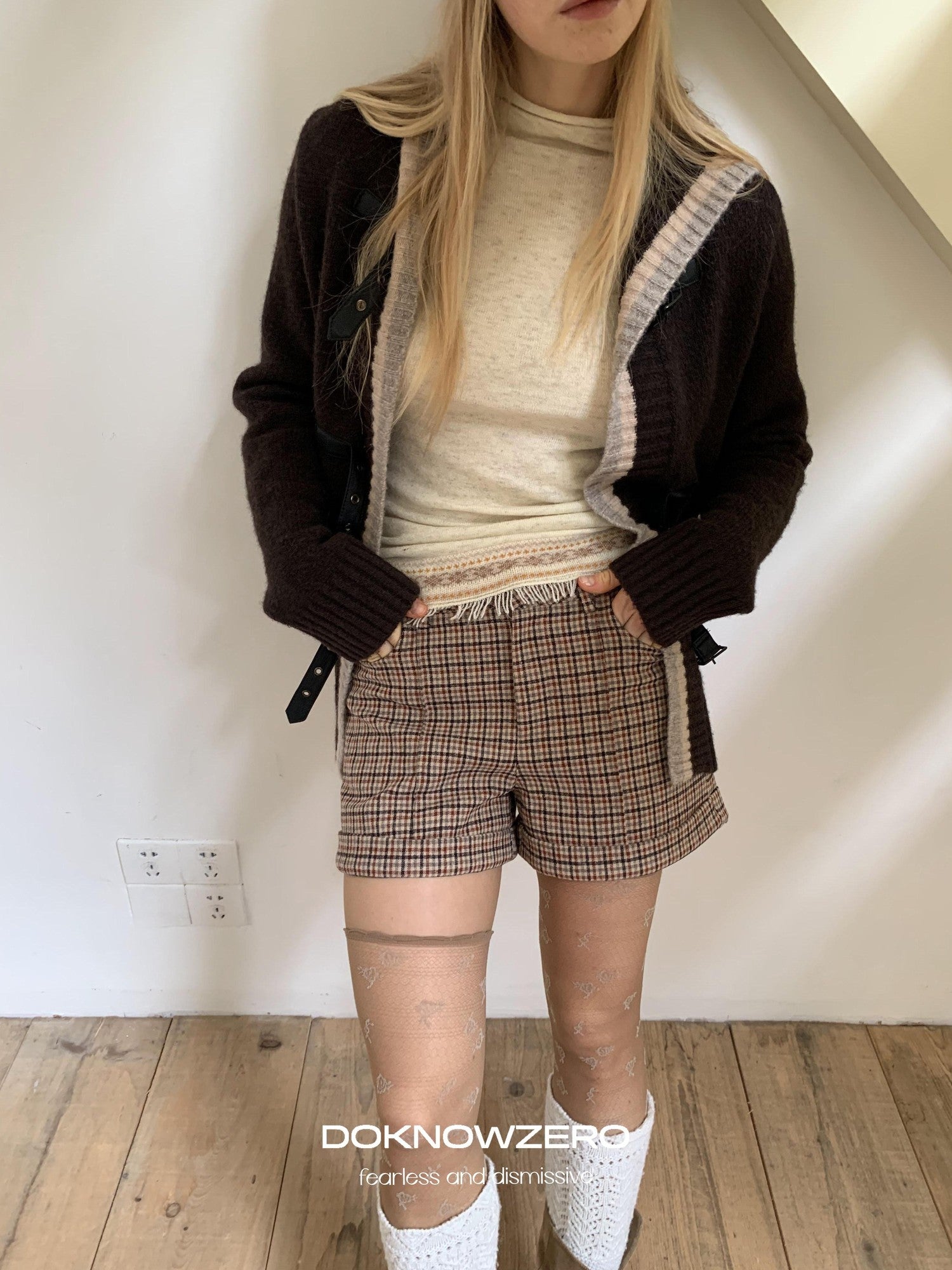 DKZ OFFICIAL Coffee Plaid Zip Pocket Straight Women&