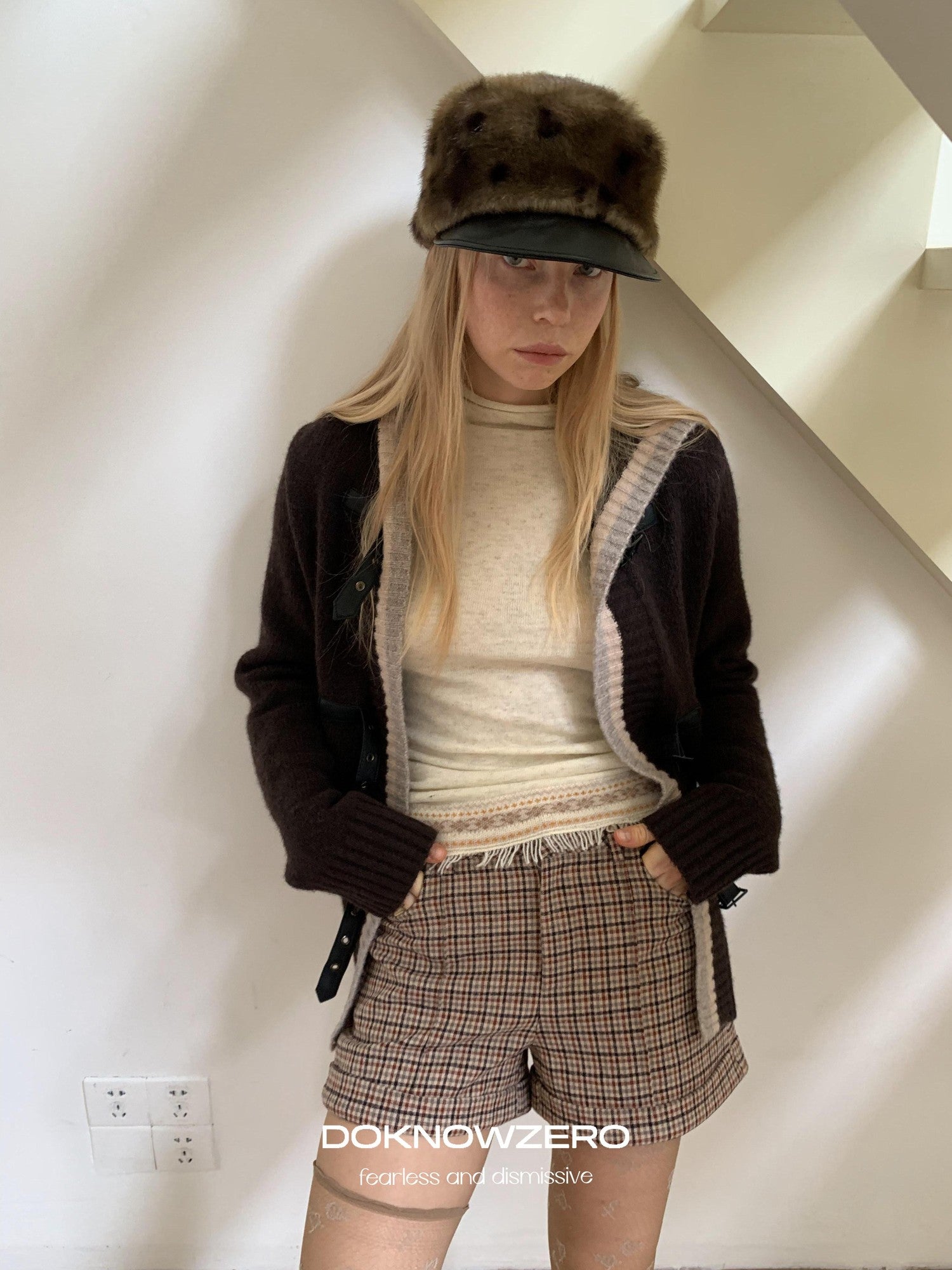 DKZ OFFICIAL Coffee Plaid Zip Pocket Straight Women&