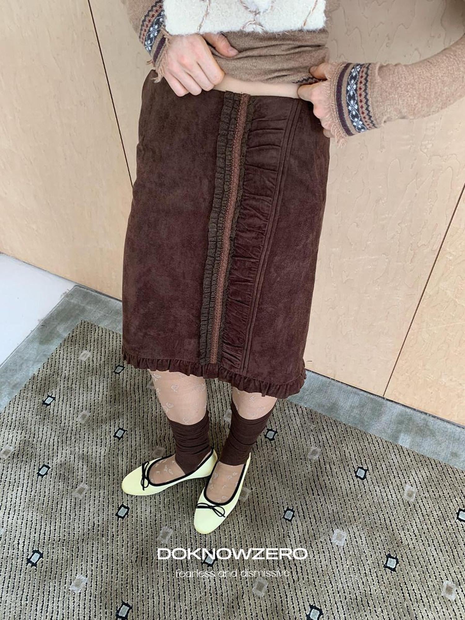 DKZ OFFICIAL Coffee Suede Lace Patchwork Dimensional H Line Women&