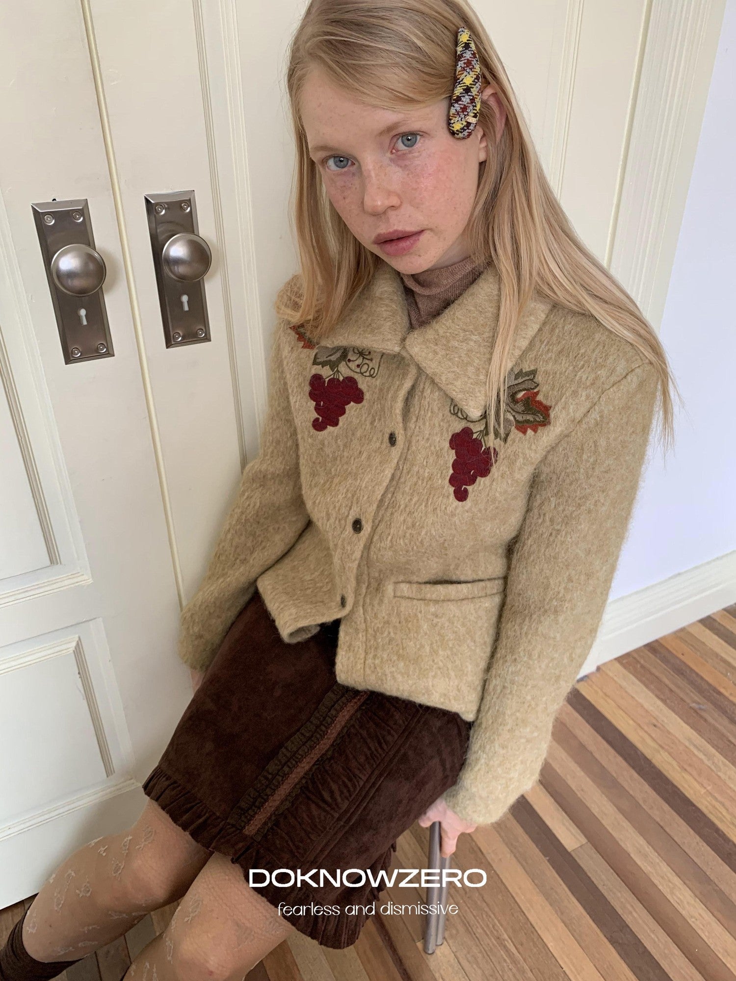 DKZ OFFICIAL Coffee Suede Lace Patchwork Dimensional H Line Women&