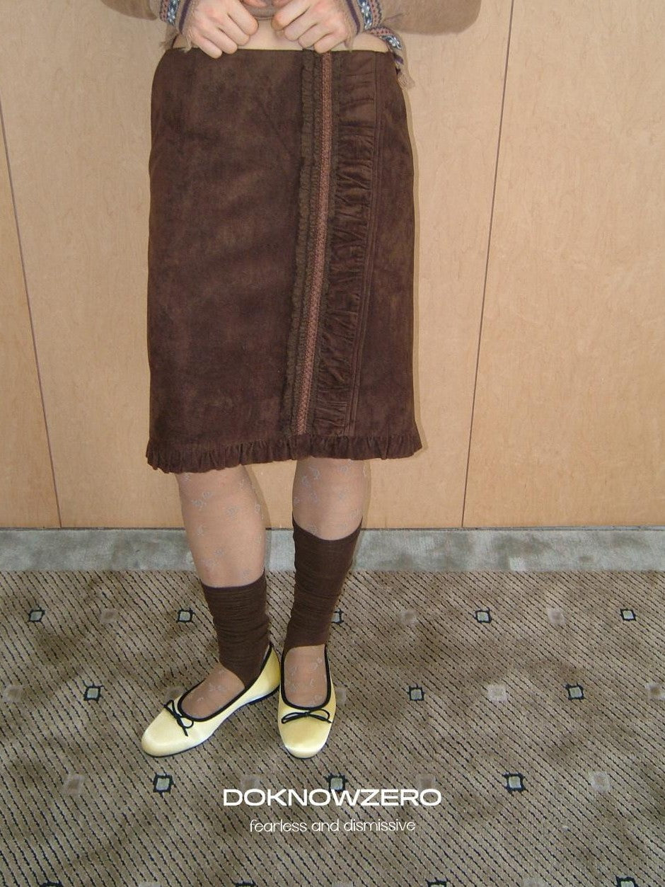 DKZ OFFICIAL Coffee Suede Lace Patchwork Dimensional H Line Women&