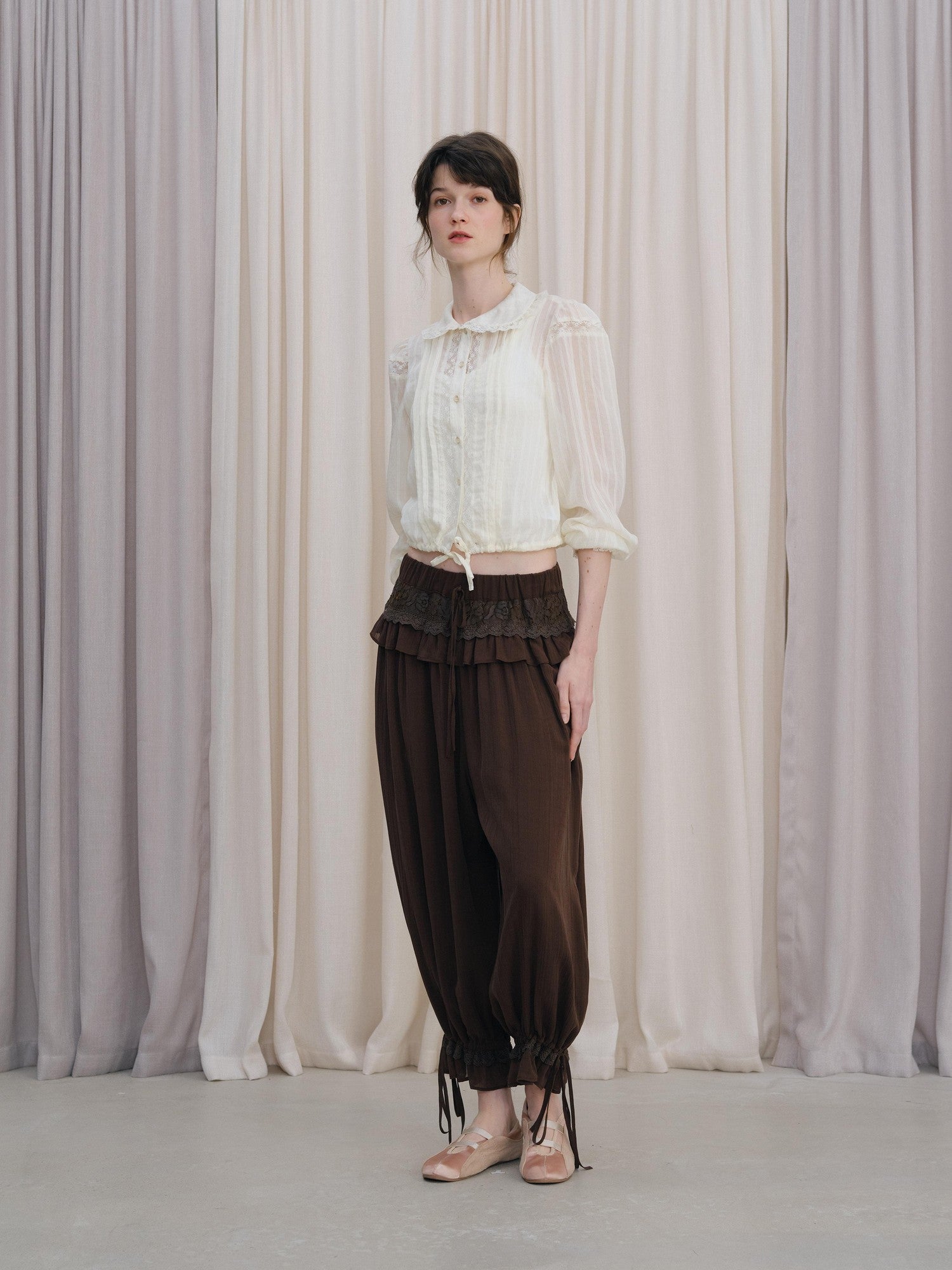 DKZ OFFICIAL Coffee Vintage Lace Patchwork Pleated Loose Cuffed Women&